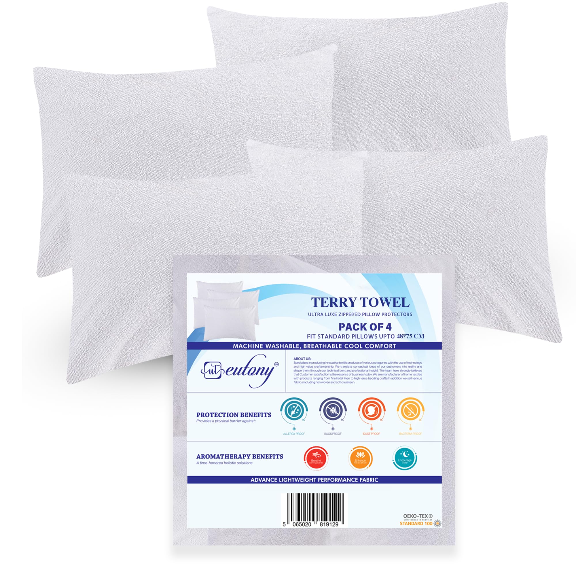 Eutony White Pillow Protectors Waterproof 4 Pack Terry Towel Zipped - Ultra Luxe Zipped Waterproof Pillow Protectors, Soft & Breathable Hypoallergenic 50 X 75Cm