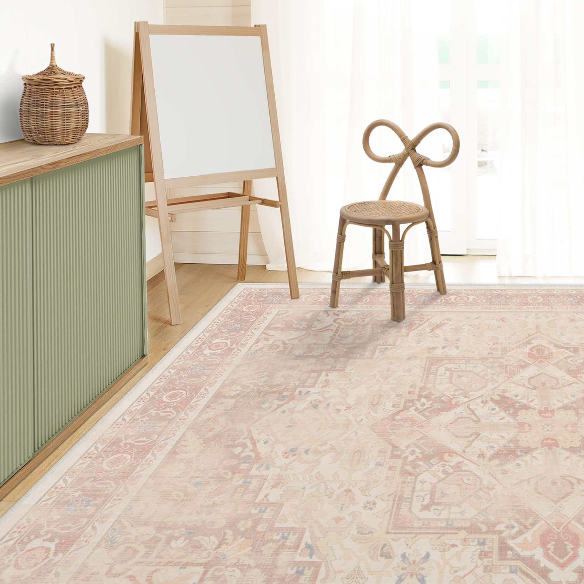 RUGGABLE Washable Area Rug – Kamran Soft Pink 8x10, Stain-Resistant, Non-Slip – Large Machine Washable Rugs for Living Room, Bedroom, Hallway, Entryway & Office–with Standard Pad