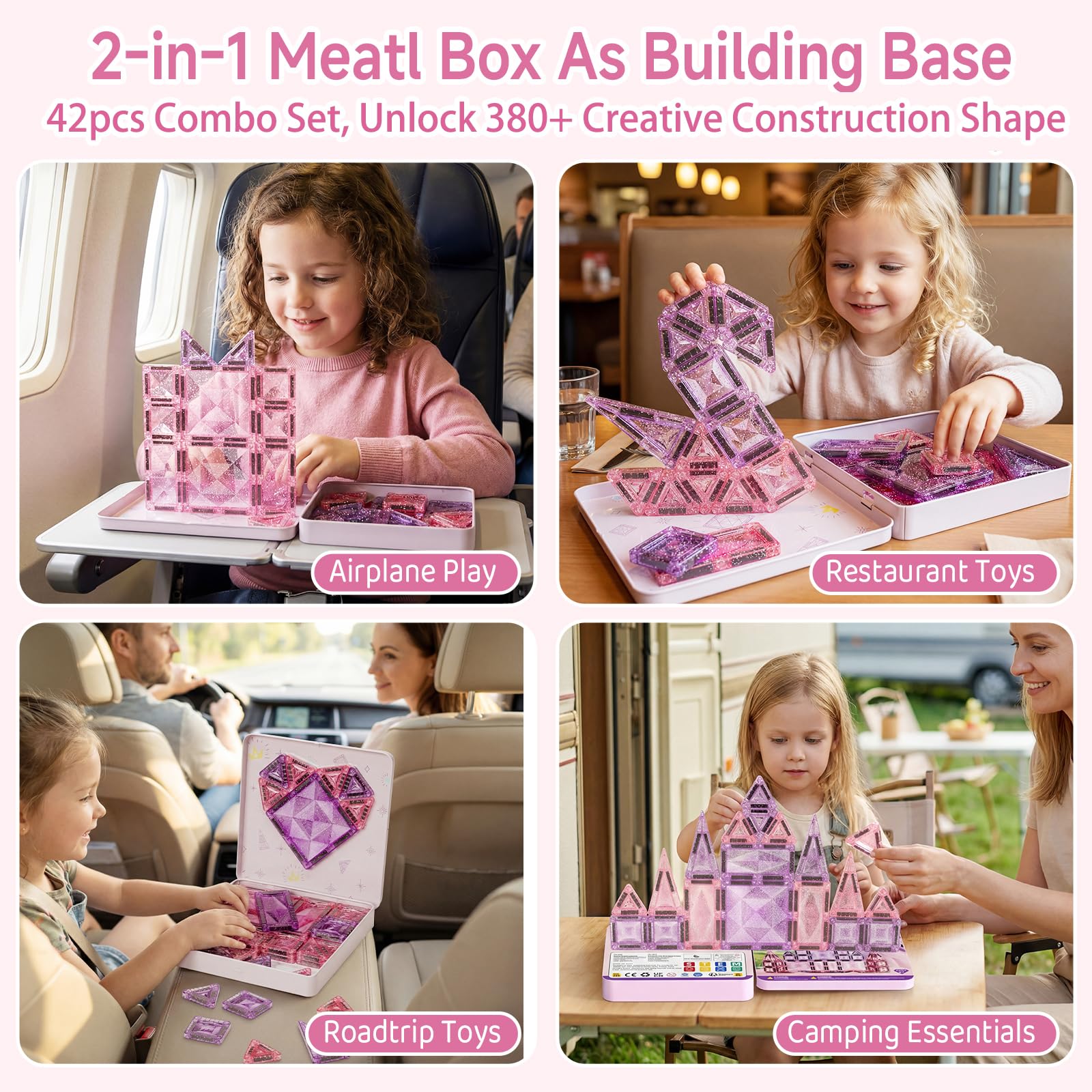 Magnetische Bausteine Reisespielzeug für Mädchen: 42 Teile Glitzer Diamant Magnetische Tiles in Metallbox für Auto, Flugzeug & Zug – 90 Minuten Beschäftigung, 45s Aufräumen – Geschenk ab 3-6 Jahren