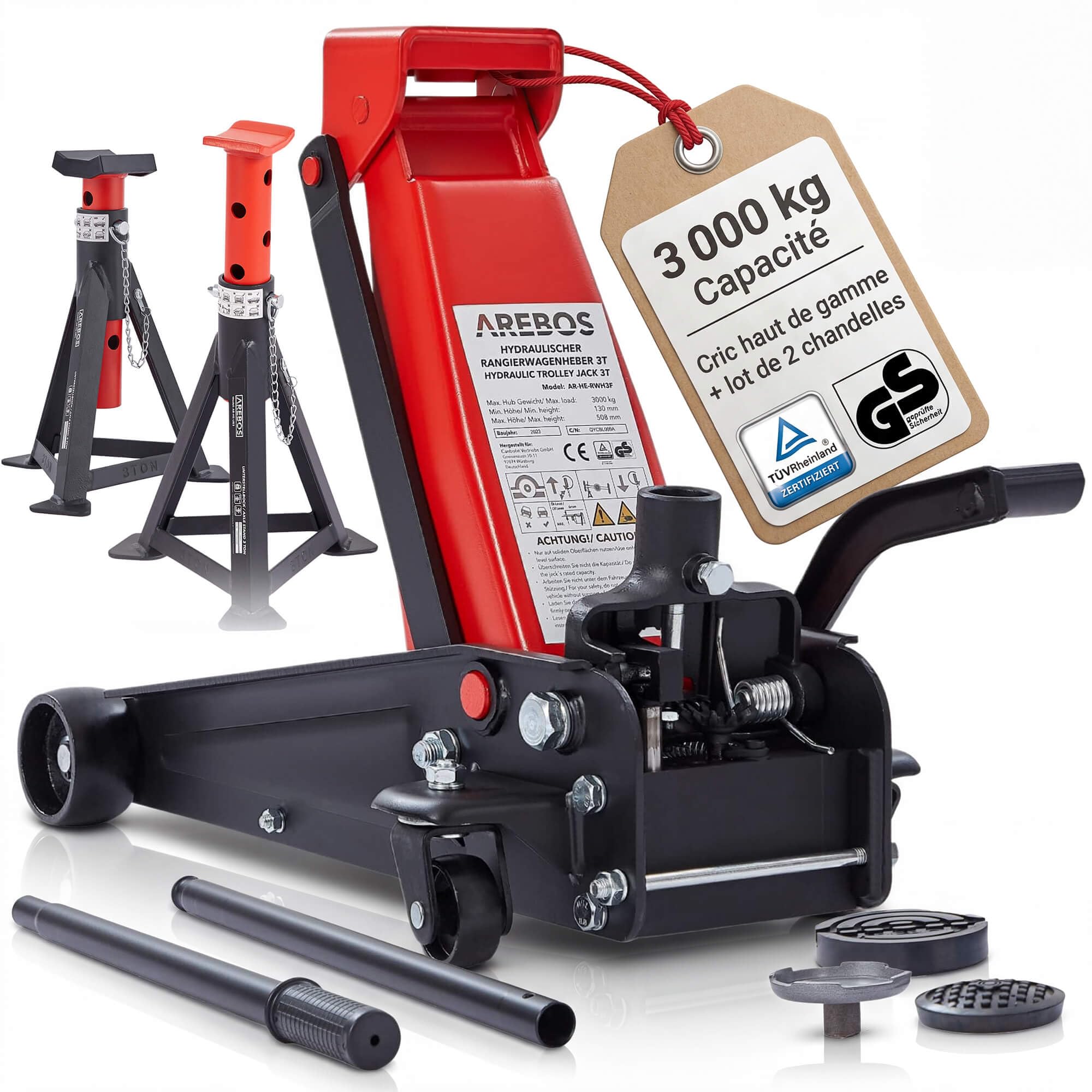 Arebos Cric hydraulique de manœuvre 3T avec pédale et 2 chandelles | Cric Voiture Robuste 3 tonnes | pour Atelier, Garage et Entretien Auto