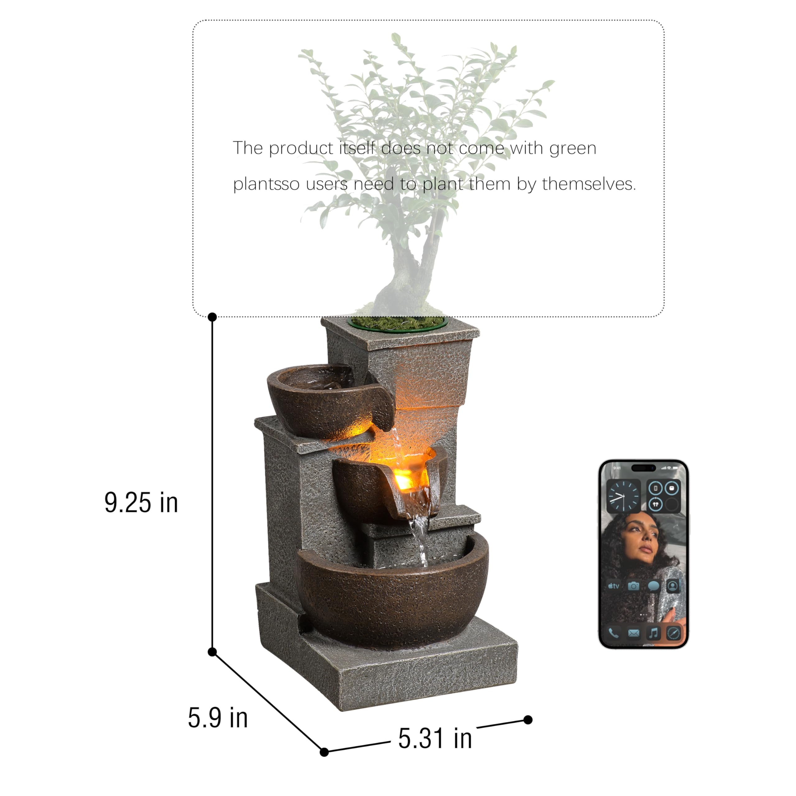 Fontana a Cascata da Tavolo, Fontana Zen per Interni con Tre Bacini, Cascata con Luci LED, Pietre Naturali, Perfetta per Casa, Ufficio, Yoga, Pompa Inclusa (22025N)