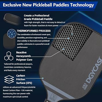 YC DGYCASI 16mm Pickleball Paddles Professional, 2026 USAPA Approved T700 Carbon Fiber Surface Pickle Paddle(CFS), Polypropylene Lightweight Honeycomb Core, Cushion Comfort Grip, with Cover Case Black