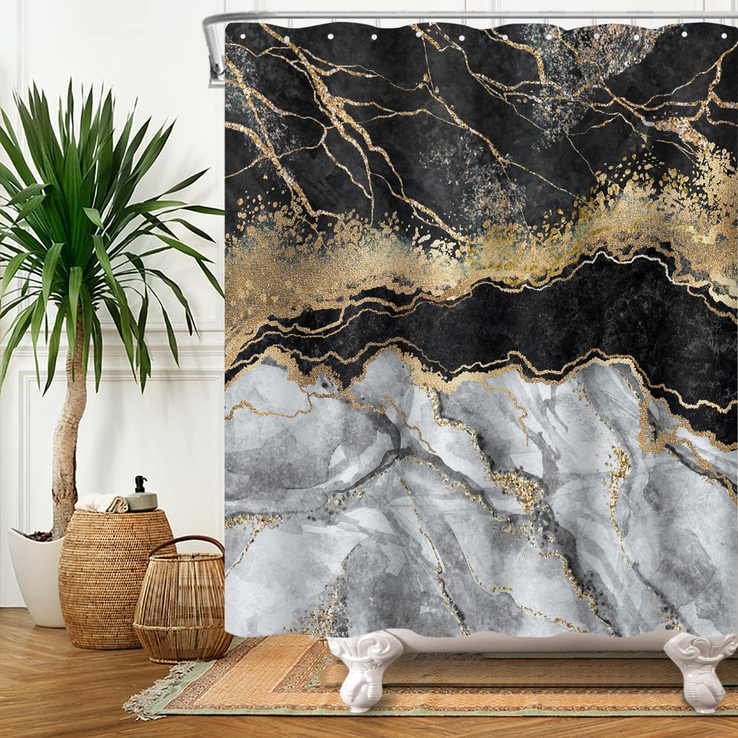 SDOTPMT 48x72 Inches Marble Texture Shower Curtain Gold Powder Sparkling Irregular Gradient Black-White Color Bath Curtain Marvelous Abstract Luxury Polyester Bathroom Curtain with Hooks - Image 3