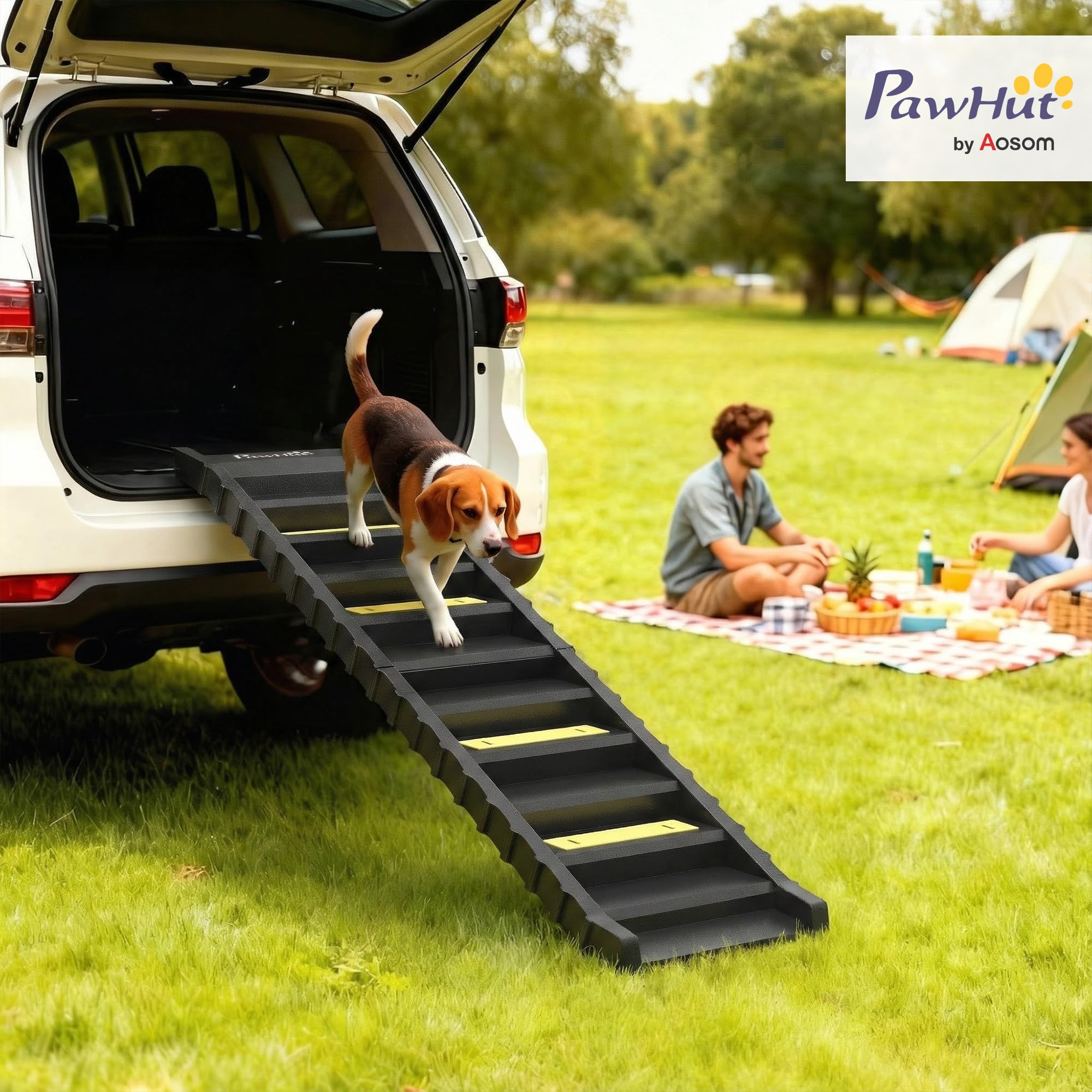 PawHut Rampa Pieghevole per Cani per Auto e Letti Alti, Scala per Cani Portatile a 10 Gradini con Strisce e Piedini Antiscivolo, Leggera, Supporta Fino a 68 kg, Nero