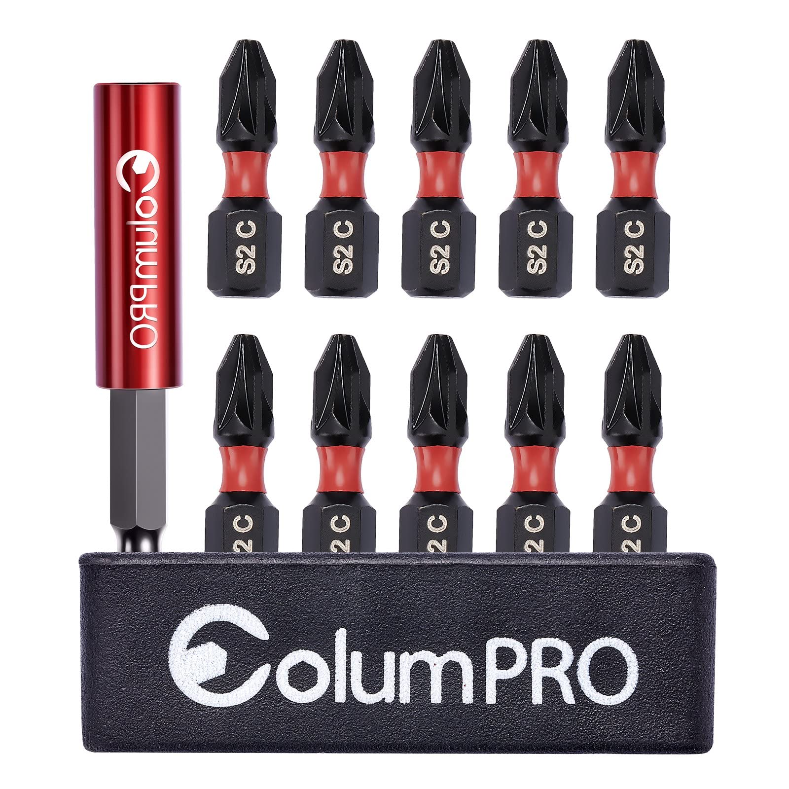 ColumPRO 11PCS Bit Storage Set S2 10PCS x 25mm PZ2 Screwdriver Impact Bits with 1PCS 60mm Strong Magnetic Extension Bit Holder Impact Bits Compatible with 1/4 Inch Hex