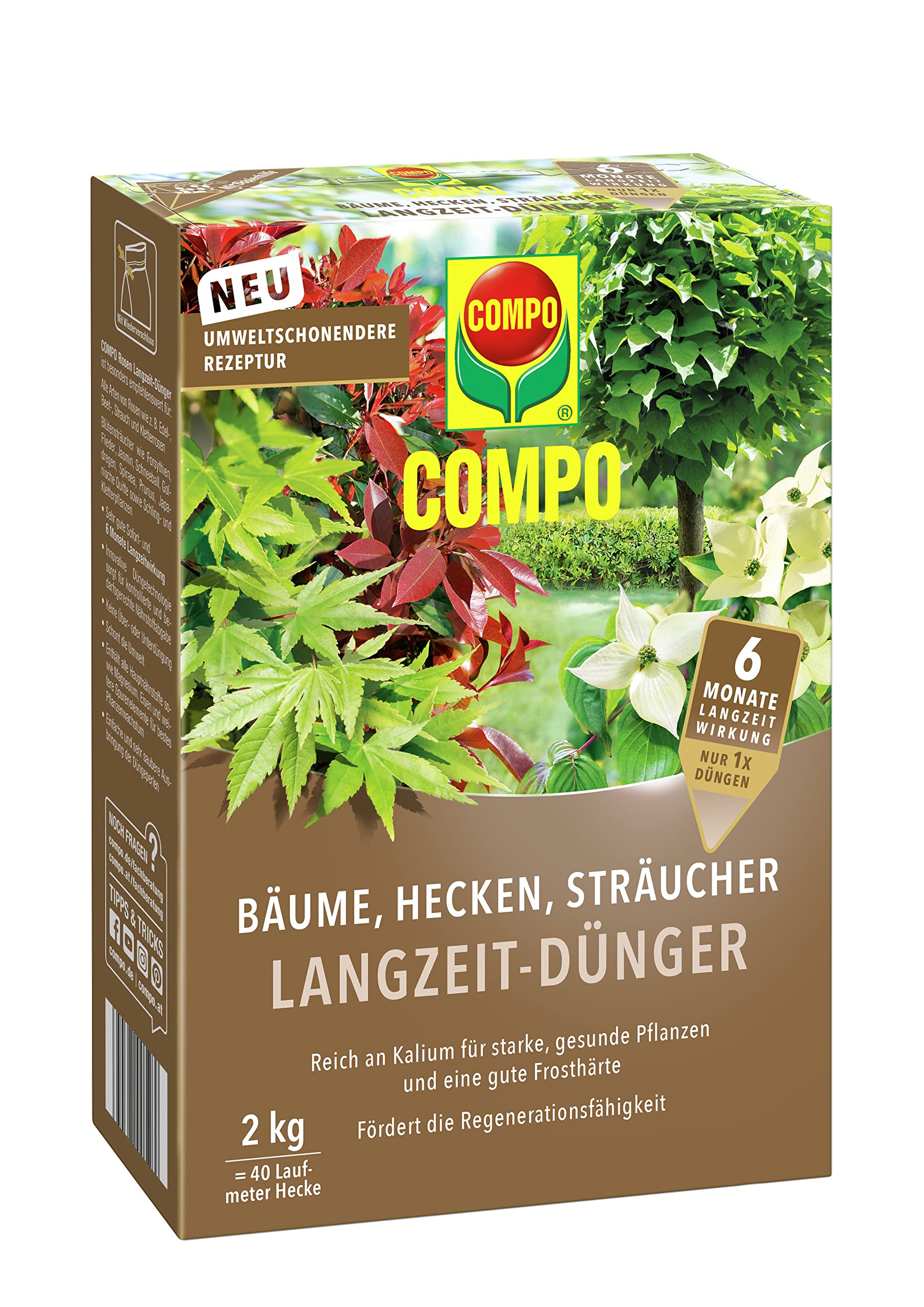 COMPO Bäume, Hecken, Sträucher Langzeit-Dünger, Umweltschonendere Rezeptur, 6 Monate Langzeitwirkung, 2 kg, Für 40 Laufmeter Hecke