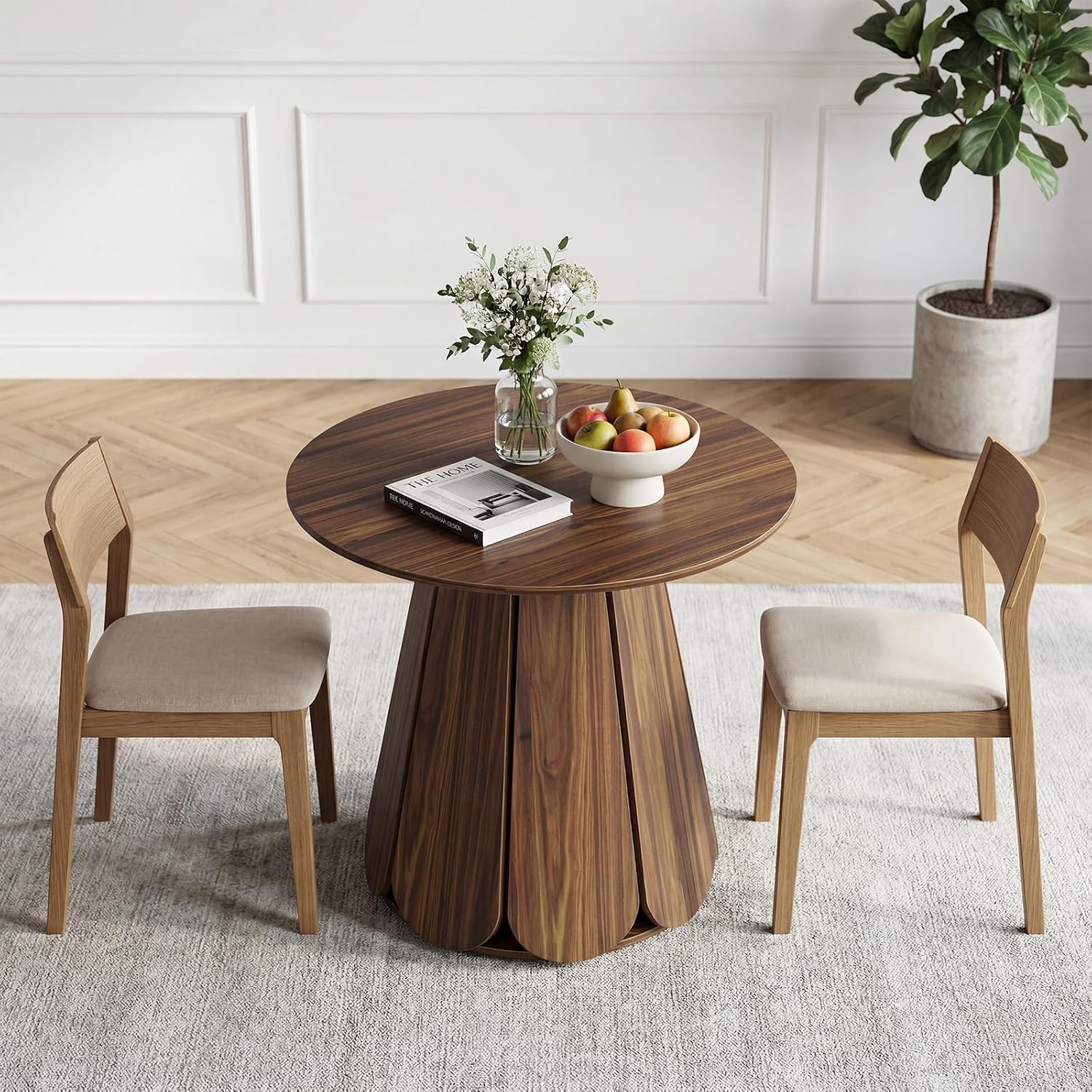 31.5" Round Dining Table, Small Circle Kitchen Table for 2-4 People, Modern Farmhouse Wood Dinning Room Tables with Pedestal Base, Space Saving Dinner Tables for Small Spaces, Mesa de Comedor, Walnut