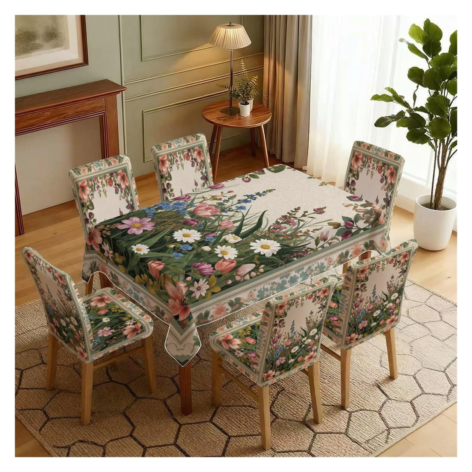 BOSUYBN Stretch Dining Chair Slipcovers And Tablecloth Set, Vintage Wild Floral Print, 5/7 Pack For Dining Room Cottage Home Decor Table Setting(7pcs Set: Tablecloth+Chair Covers)