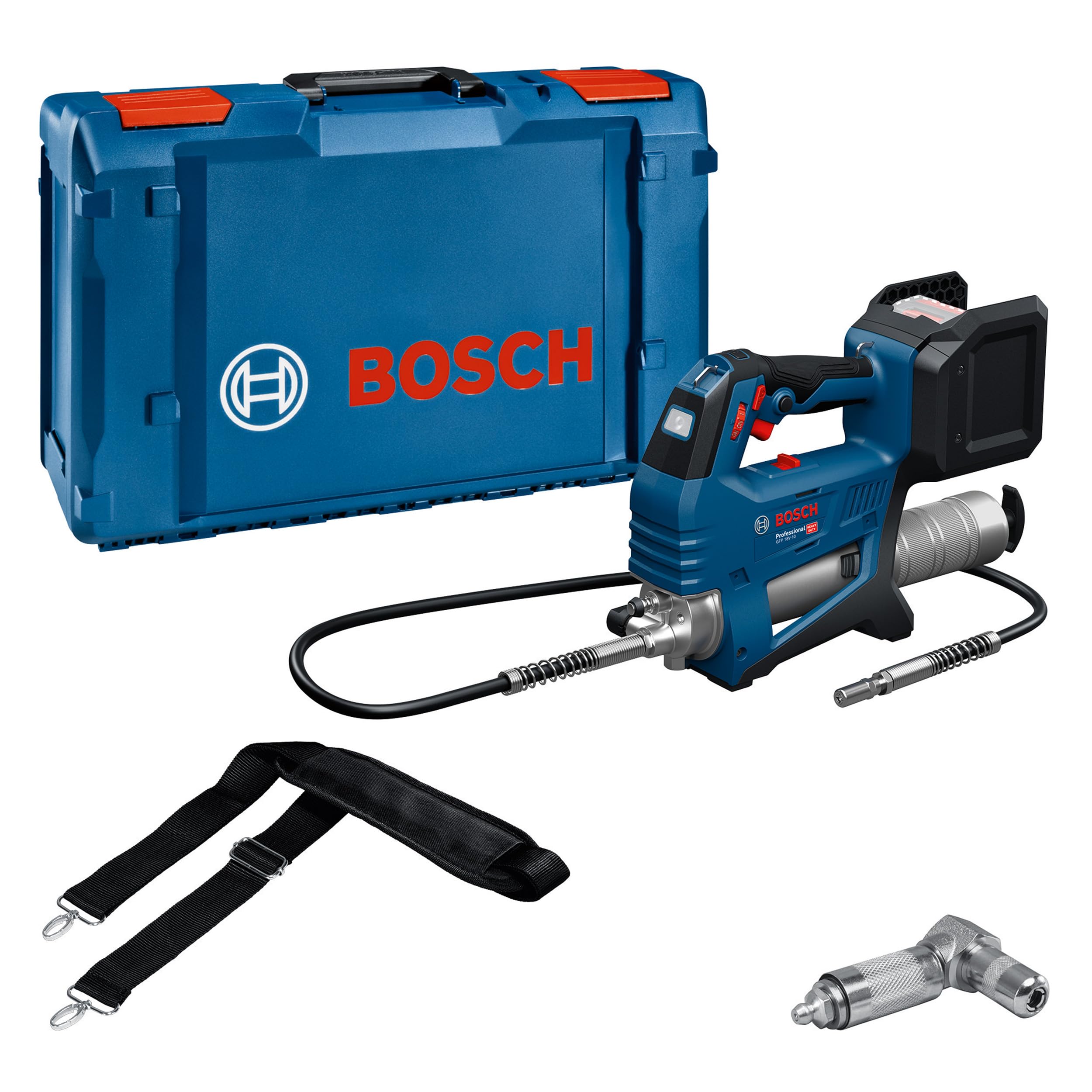 Bosch Professional 18V System Ingrassatore a batteria GFP 18V-​10 (pressione di esercizio max. 10.000 psi, portata max. fino a 320 g/​min., incl. accoppiatore a 90°, tracolla)