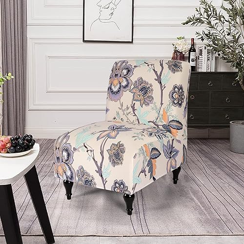 Miniatura 6 de Funda para silla sin brazos, elástica de elastano a cuadros pequeños, antideslizante para sofá, protector de muebles (flor beige, 1)