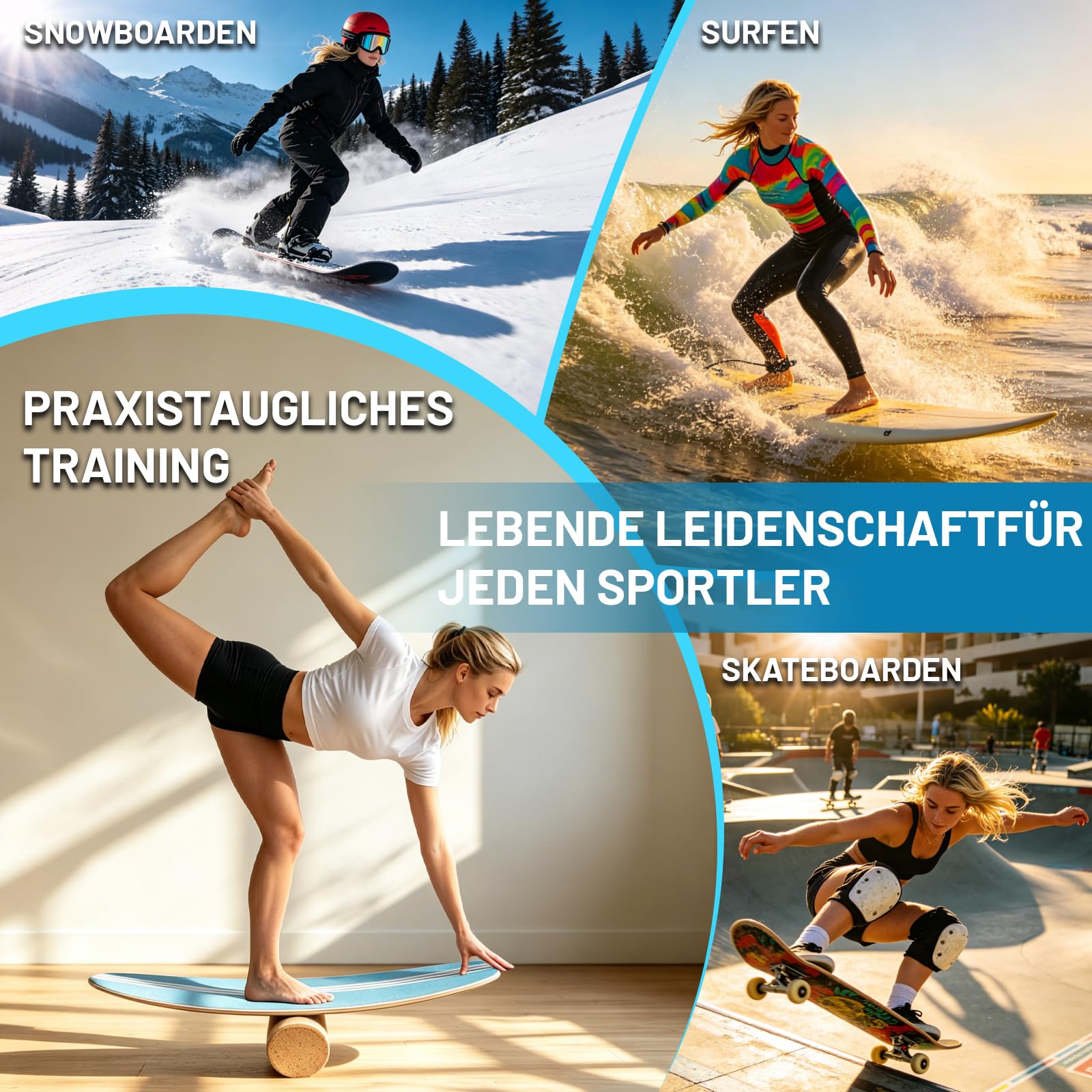 Balance Board Erwachsene Wackelbrett, Gleichgewichtstrainer Holz, Balanceboards für Fitness, Surfin Balance Board, Yoga & Koordination, Korkrolle & Halbkugel und Ball, Rutschfest bis 200kg