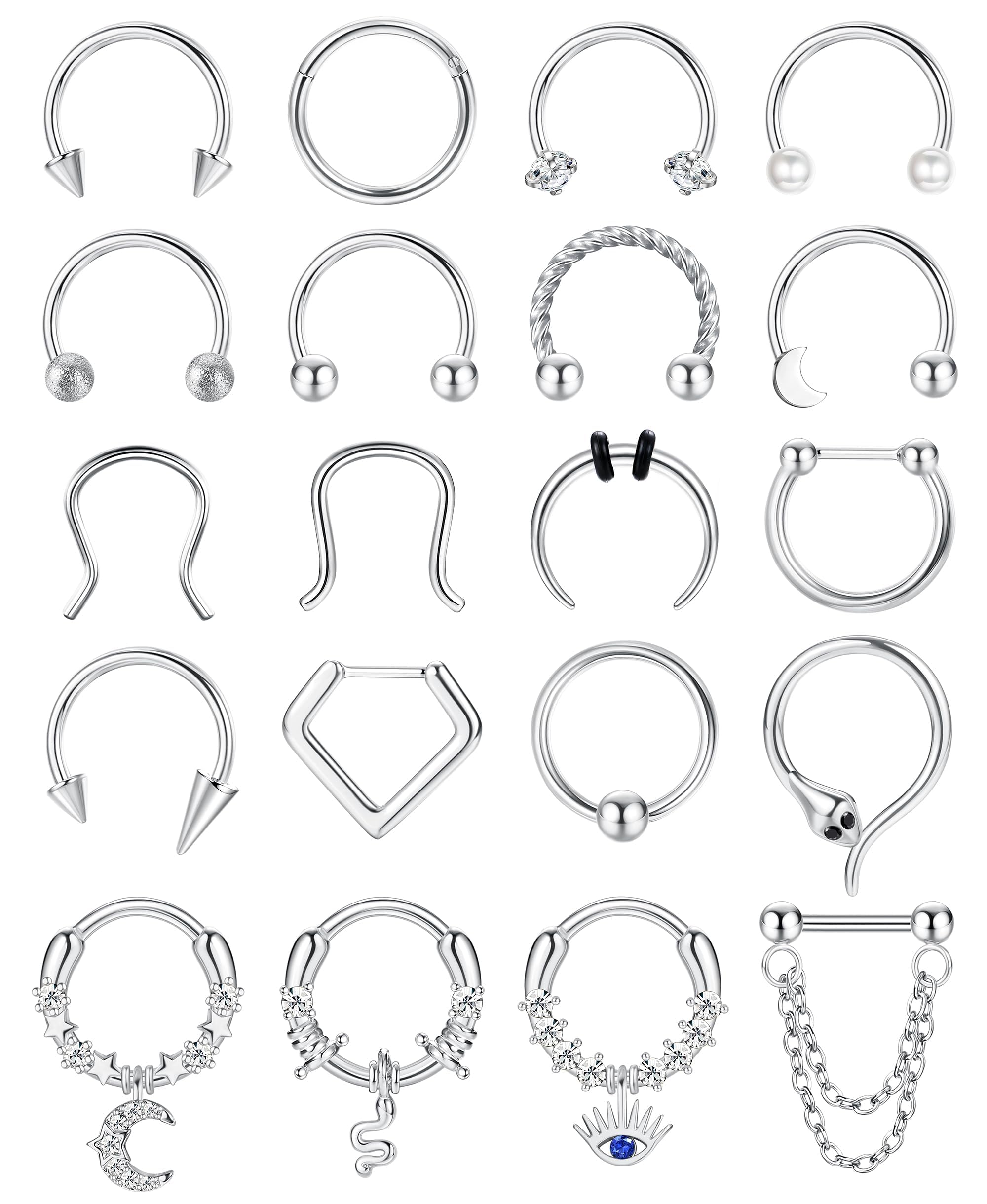 FIOROYAL 20 Piezas 16G Piercing Septum Acero Quirurgico Piercing Nariz Aro para Mujer Niña Hombres Piercing Nostril Helix Tragus Septum Clicker Dorado Plata Negro Piercing Joyería 10MM