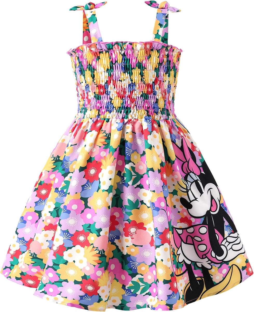 Vestido de princesa de Disney Frozen Elsa Minnie Stitch para niño niña, pajarita con tirantes, traje de verano ahumado, ropa de fiesta de cumpleaños de 2 a 9 años
