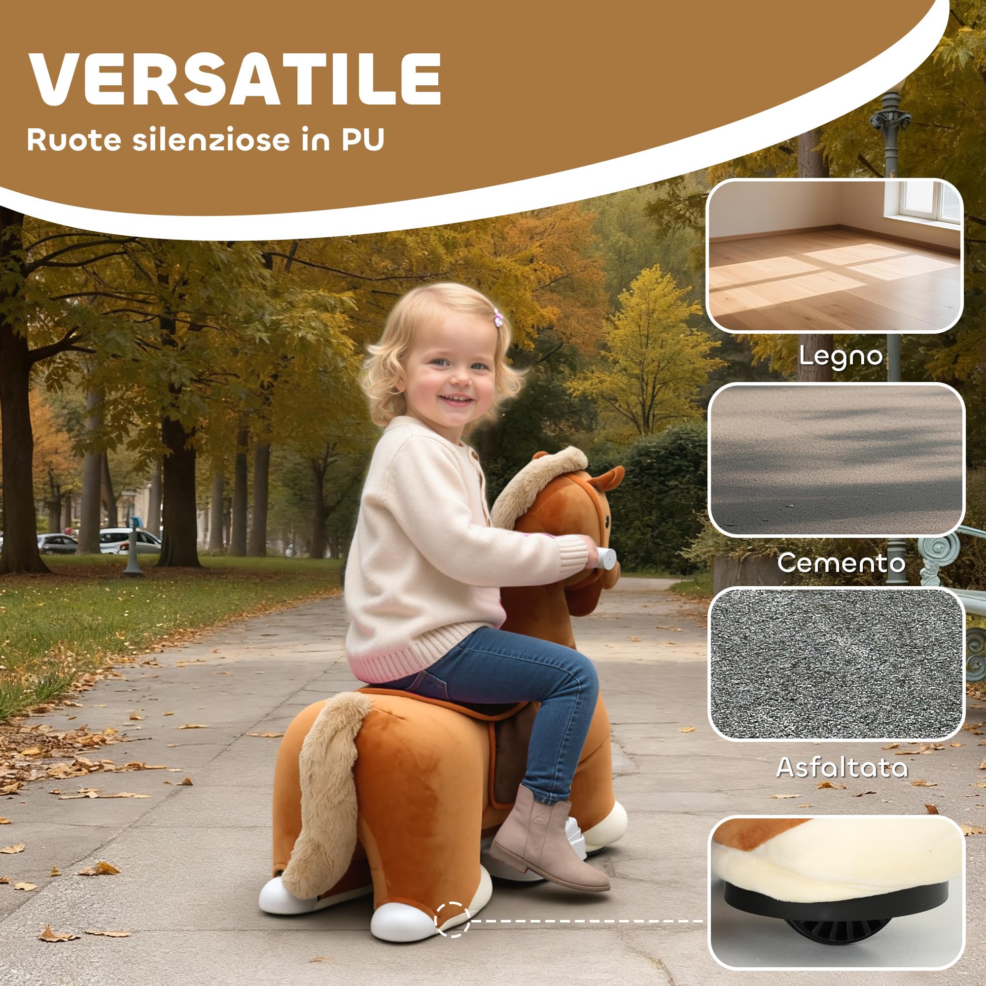 AIYAPLAY Cavallo Elettrico per Bambini 1.5-5 Anni 74x34x51 cm Marrone | con Pedali, Rotelle e Suoni Integrati, Cavallo Giocattolo in Peluche, PP, Metallo e ABS