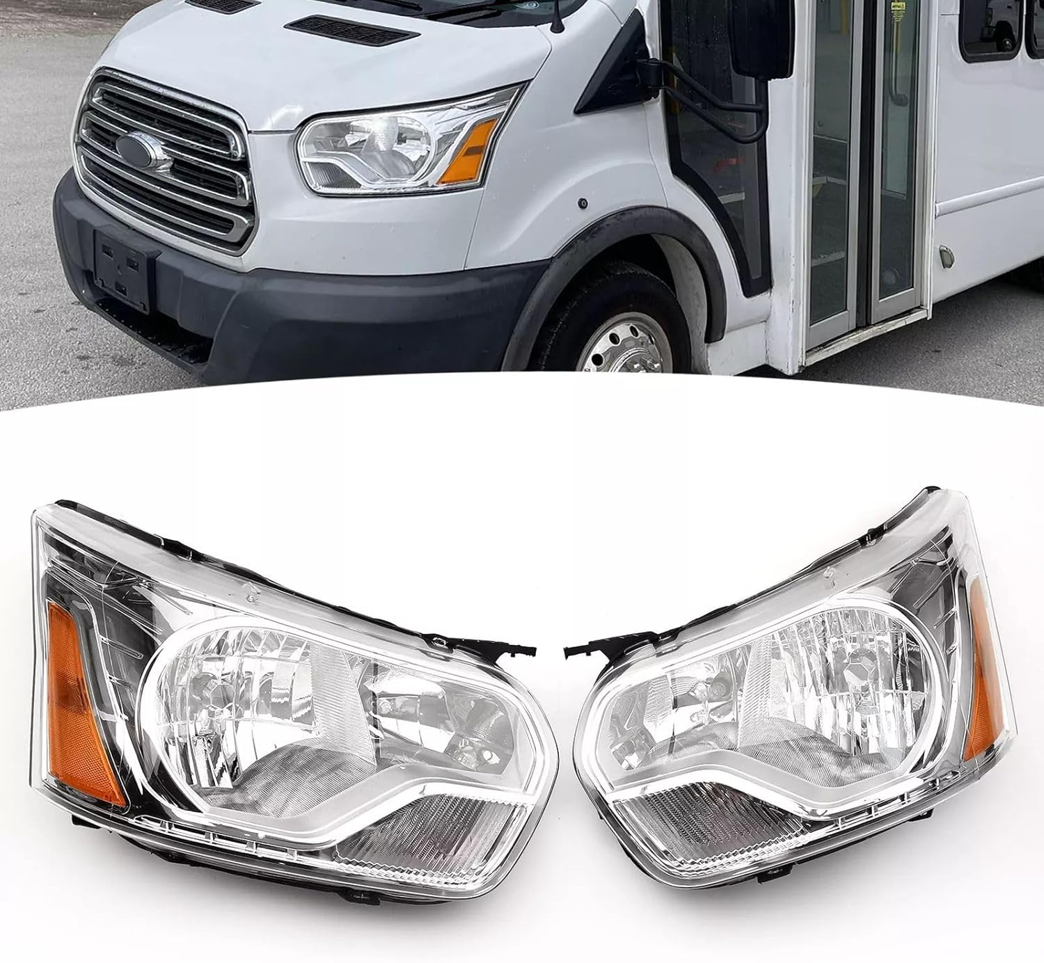 Bewild Headlight Headlamp Assembly w/Bulbs For 2014-2024 Ford Transit 150 250 350 Clear Lamp Lens Chrome Housing Pair Left & Right Side Replacement CK4Z13008CA/CK4Z13008DA, FO2502329/FO2503329