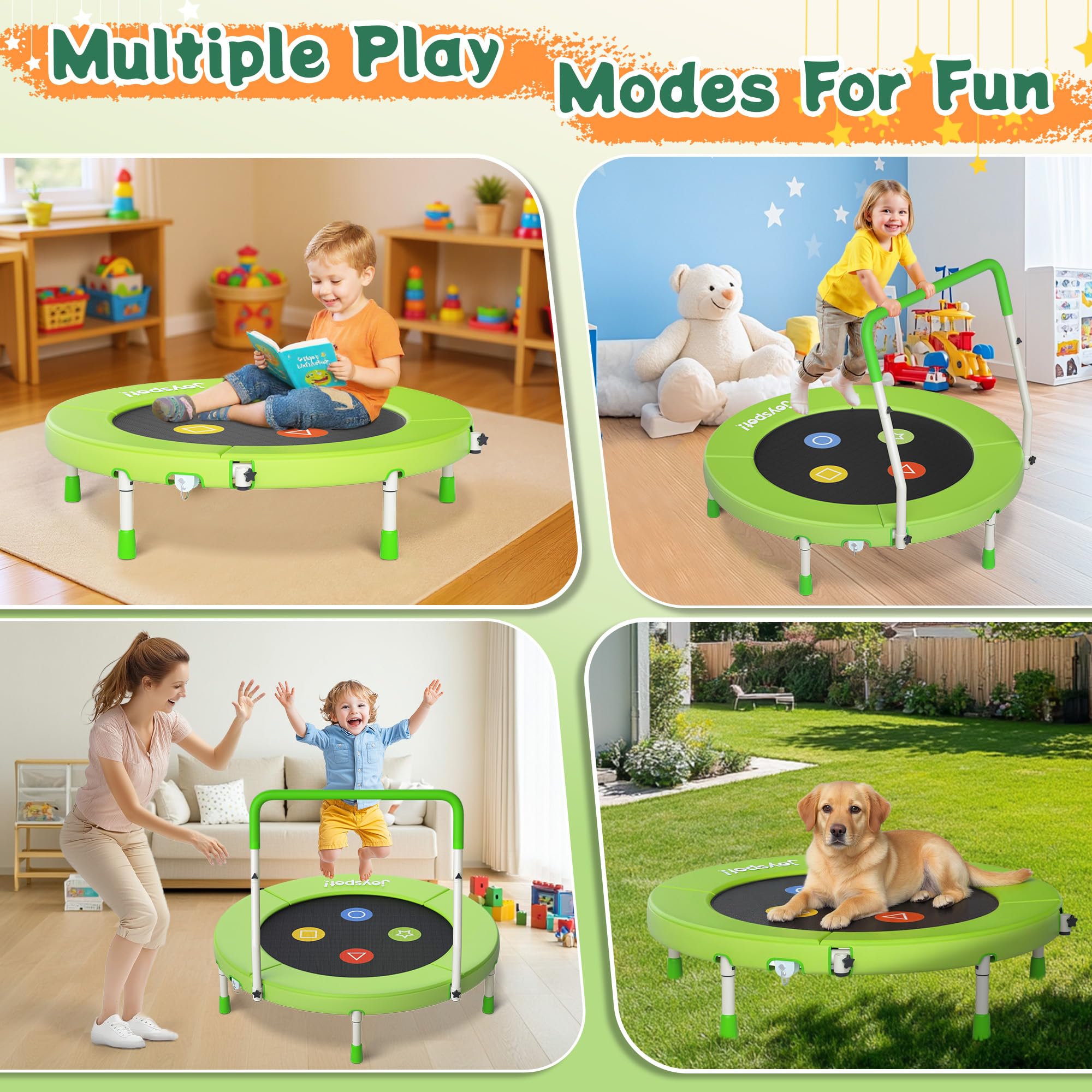 JOY SPOT! Trampolin Kinder Indoor Outdoor, Ø91cm Mini Trampolin mit Verstellbarer Haltegriff, Faltbares Kindertrampolin bis 45 kg, Fitness Rebounder mit Sicherheitspolster für Kleinkind 3-12