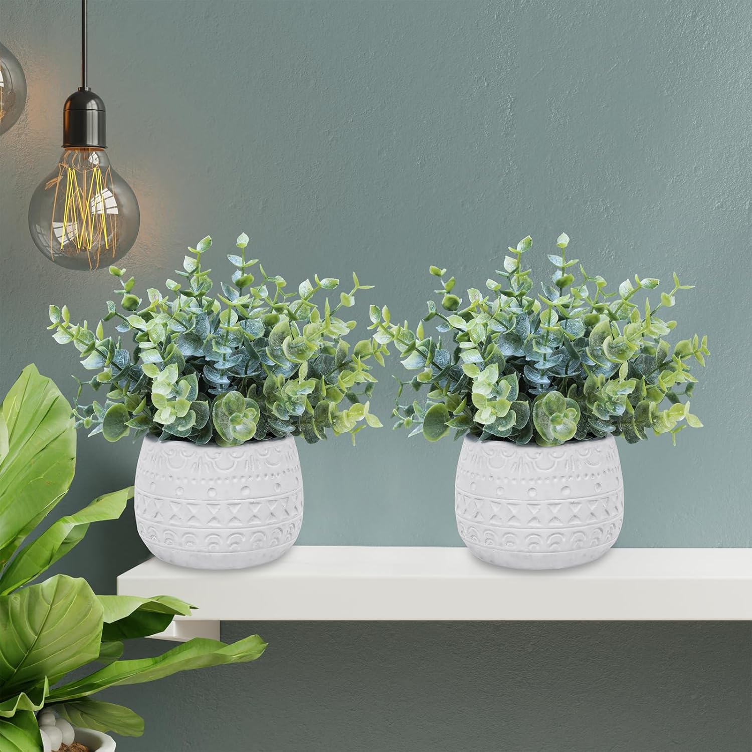 Winlyn Set of 2 Small Artificial Potted Plants Faux Eucalyptus Plant in White Geometric Ceramic Pots Small Desk Potted Plants 7.1" Tall for Home Office Room Decorations Wedding Greenery Centerpiece - Image 5