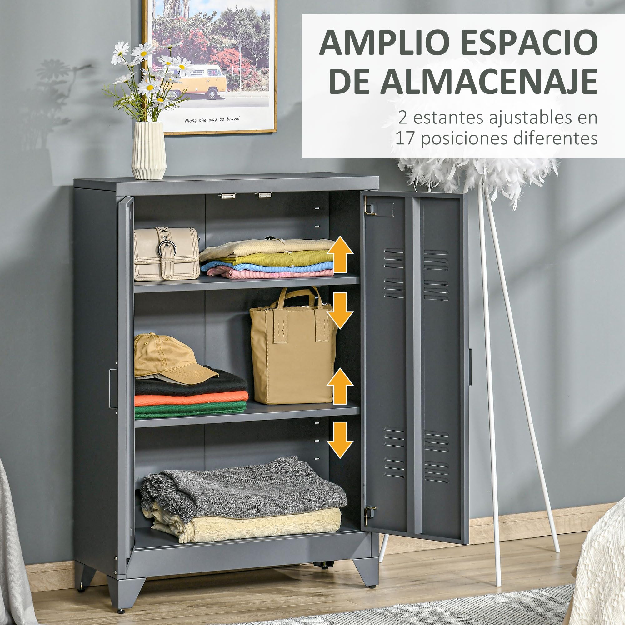 HOMCOM Armario de Almacenamiento Aparador de Metal con Doble Puerta Cierre Magnético y 2 Estantes Ajustables para Oficina Salón Dormitorio 75x33x110 cm Gris