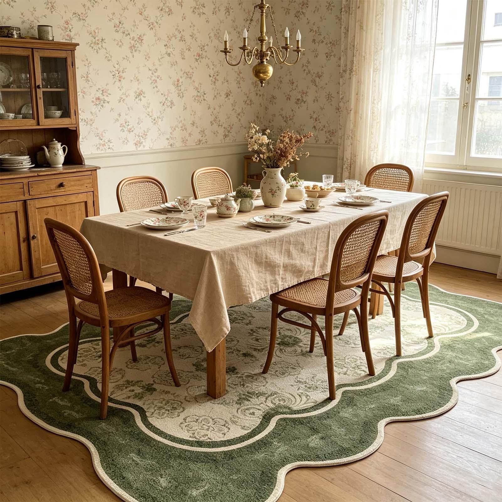 Gewellter grüner Wohnzimmerteppich, waschbarer Teppich für den Innenbereich