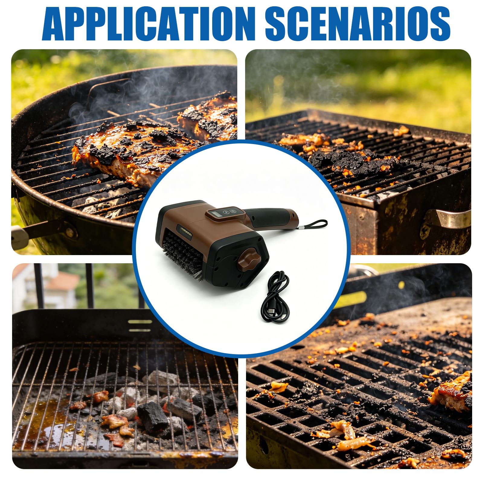 Spazzola elettrica per barbecue senza fili con luce LED e indicatore della batteria, spazzola elettrica per barbecue ricaricabile da 800 giri/min, testina rimovibile per griglia e pulizia barbecue