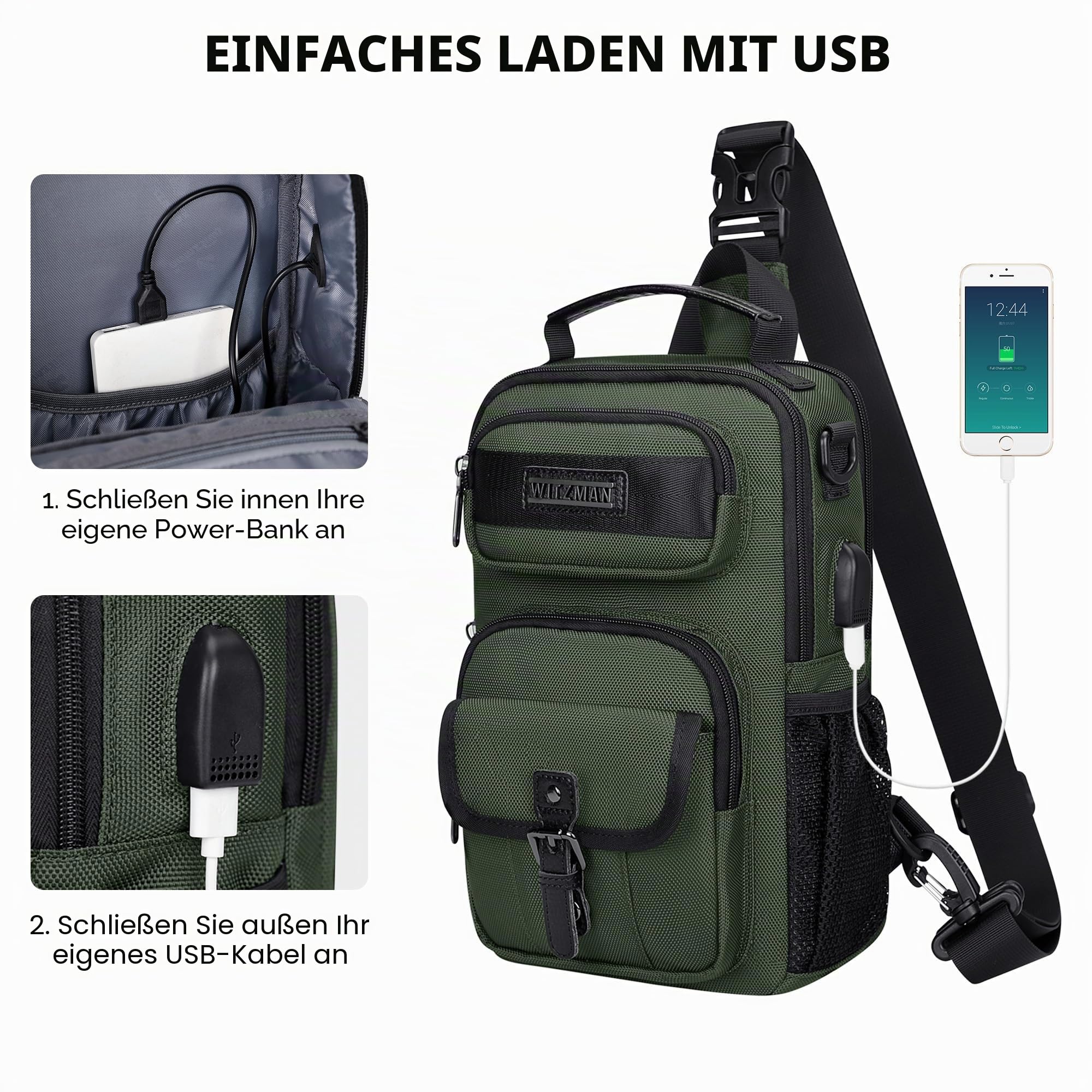 WITZMAN Umhängetasche für Herren, umwandelbarer Sling-Rucksack mit USB-Port
