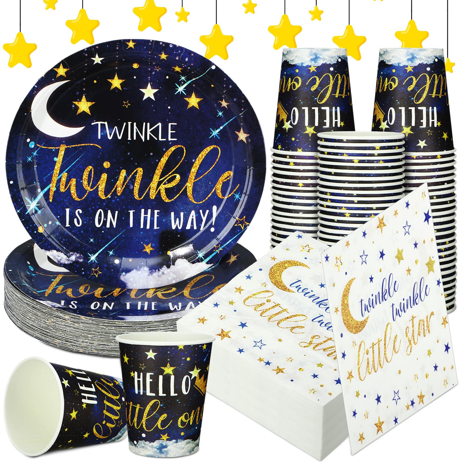 200 Pcs Twinkle Twinkle Little Star Baby Shower Paper Plates Napkins Cups Baby Shower Party Supplies Tableware Set Navy Blue Disposable Cup Napkin for