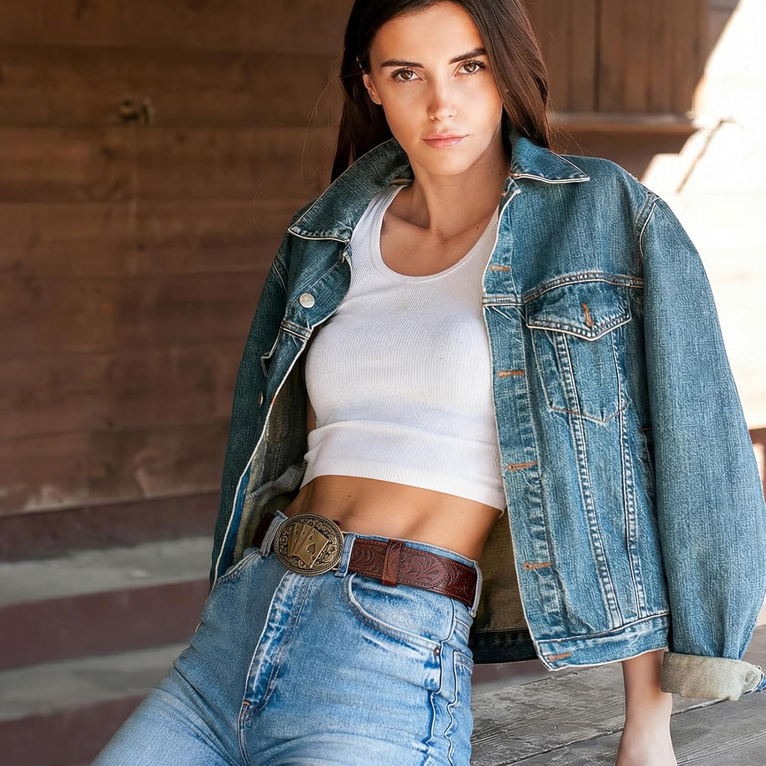 Western Belts for Men Women Genuine Leather Cowboy Belt with Longhorn Poker Western Buckle Classic Country Style - Image 7