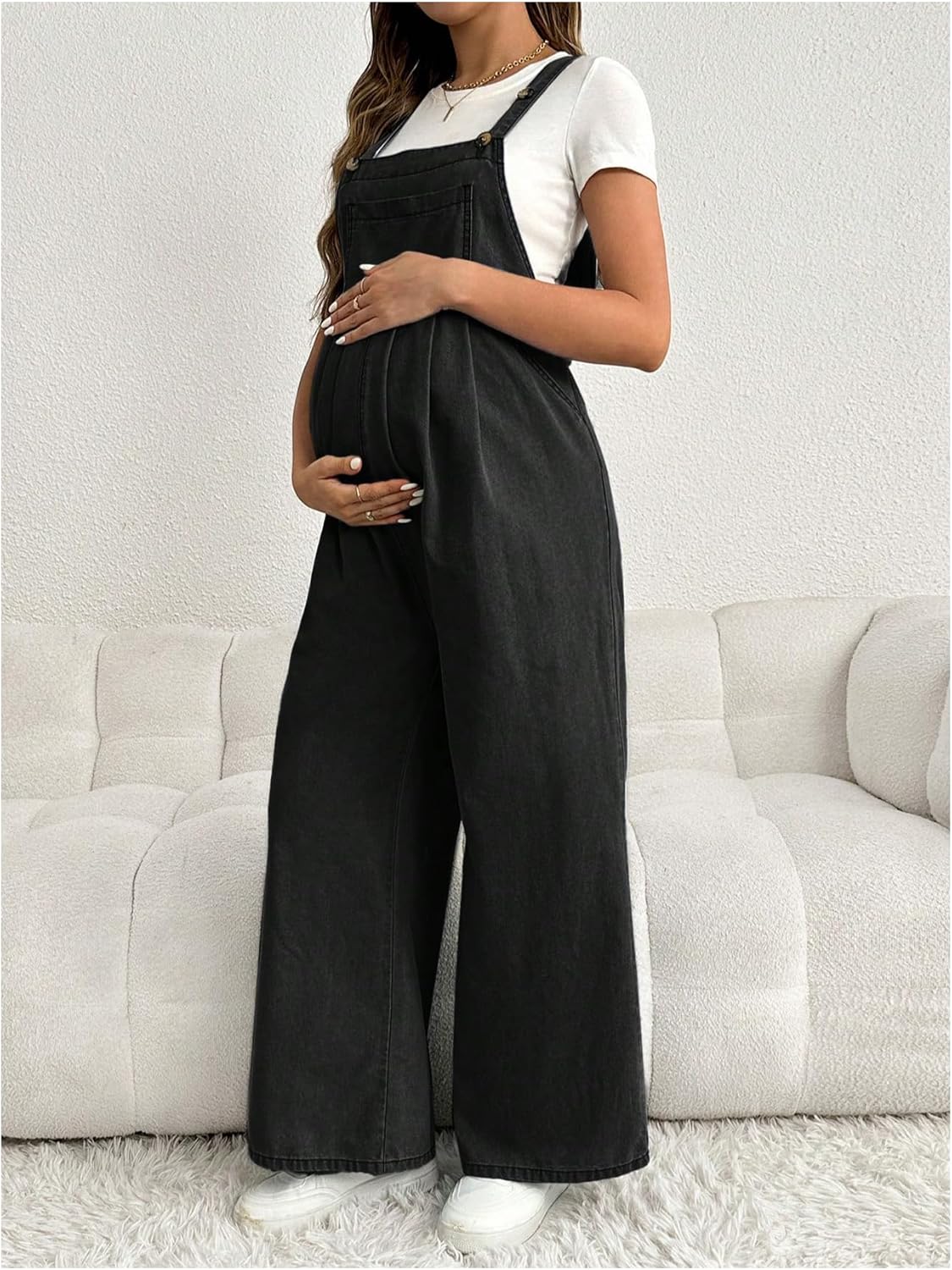 MakeMeChic Women's Maternity Denim Overalls Pleated Wide Strap Sleeveless Fall Pregnancy Jumpsuits Jeans - Image 2
