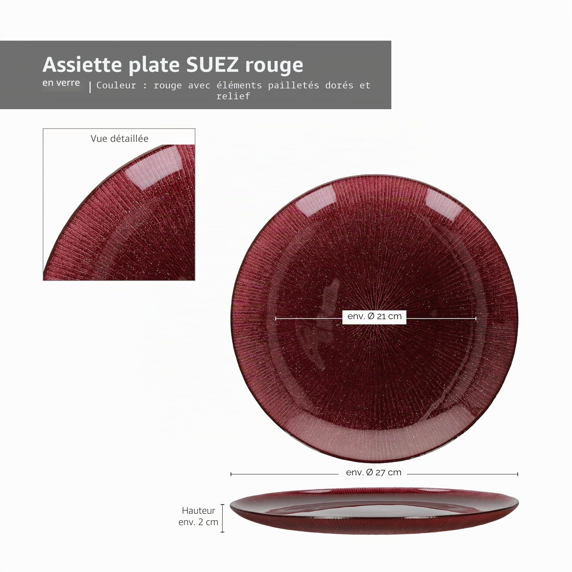 MamboCat Suez - Lot de 6 assiettes plates - Diamètre : 27 cm - Rouge foncé - En verre avec relief et effet scintillant - Pour 6 personnes - Pour repas principal, apéritif - Vaisselle de Noël