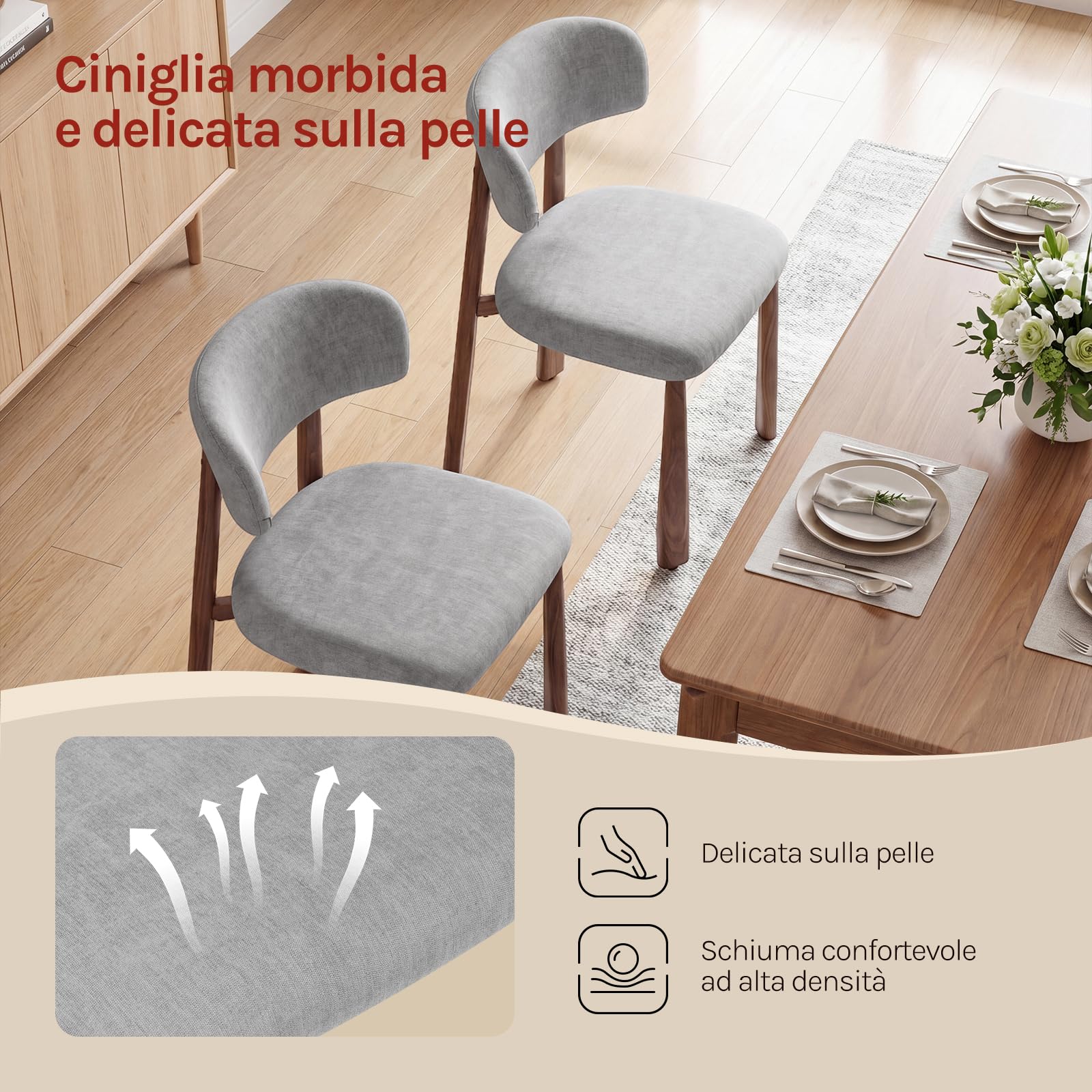 WOLTU Set di 6 Sedie da Pranzo, Sedie da Cucina Imbottita di Stile Moderno, Tessuto Chenille, Gambe Metalliche Effetto Legno Per Sala da Pranzo e Cucina, Grigio