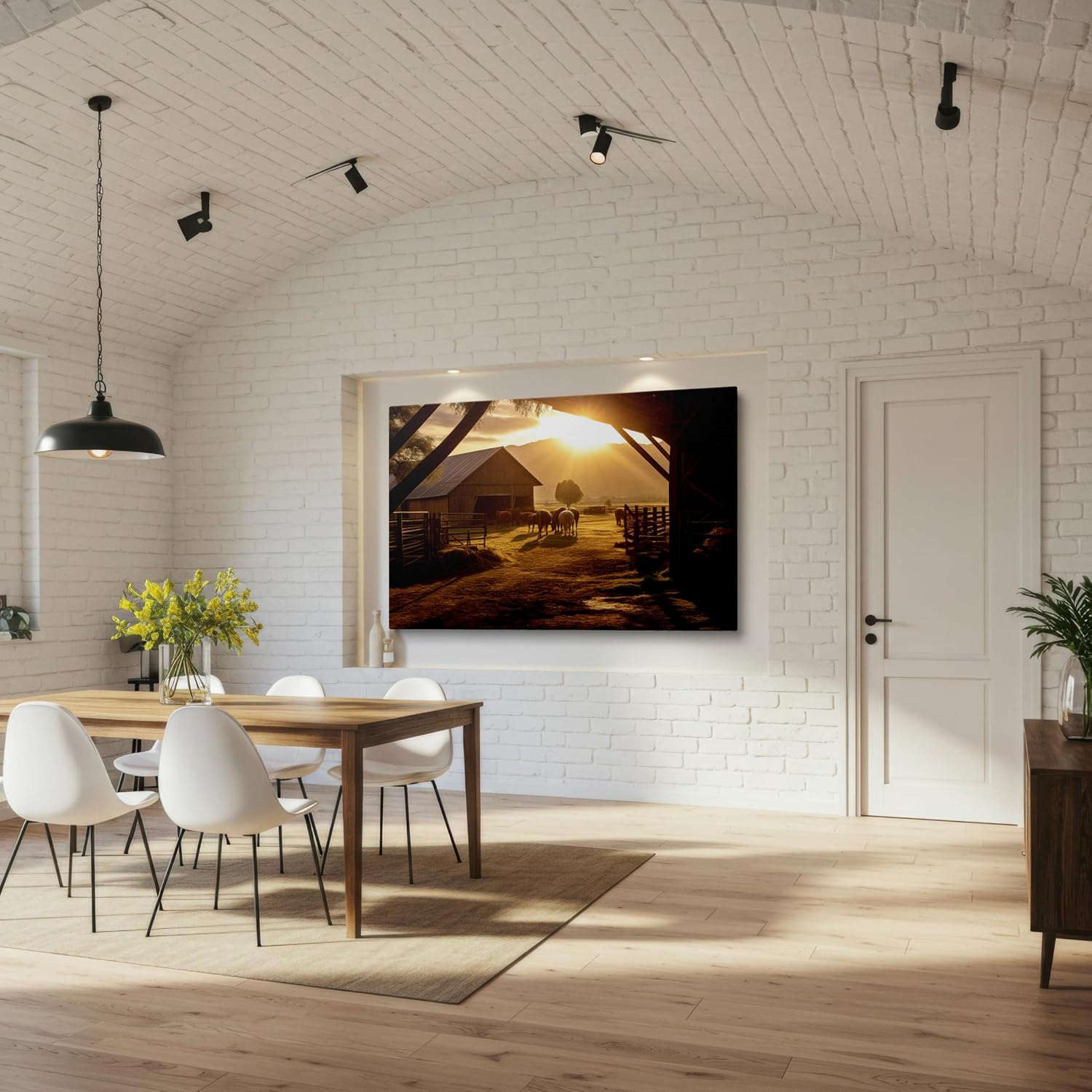 Canvas for Living room. Sunset Serenity Enshrines Countryside Elegance as Horses Gather by the Barn, 27 x 18 inch Canvas Wall Art - Contemporary Masterpieces - Modern Home Decor
