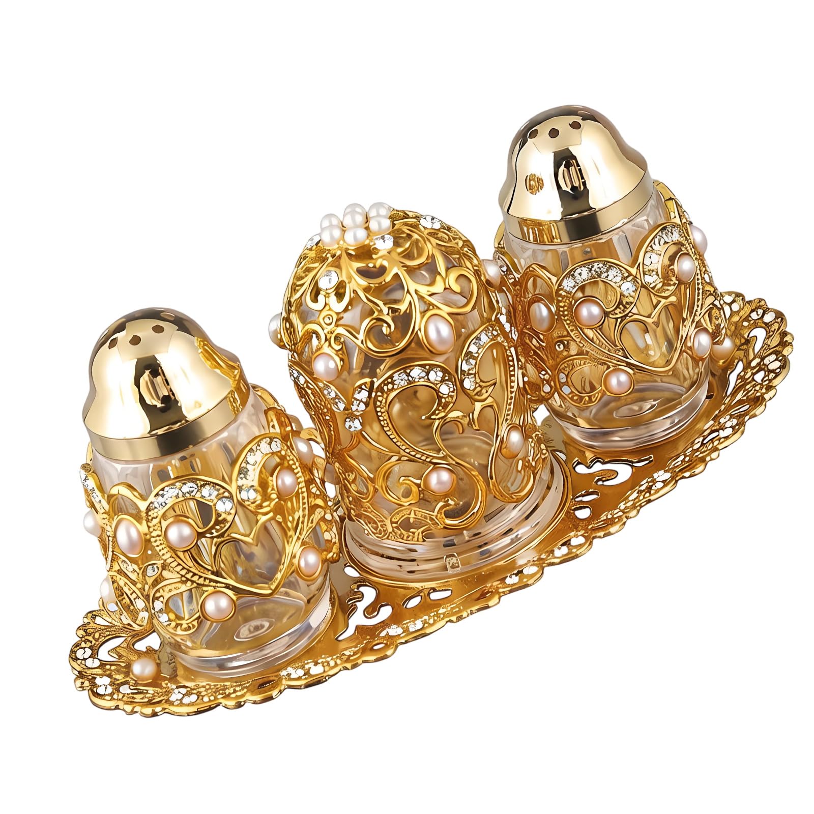 Msioytog Decorative Condiment Holders Alloy and Glass Seasoning Container with Pearls Accent for Modern Kitchens Lavishness Mixture Glass Condiment Canisters