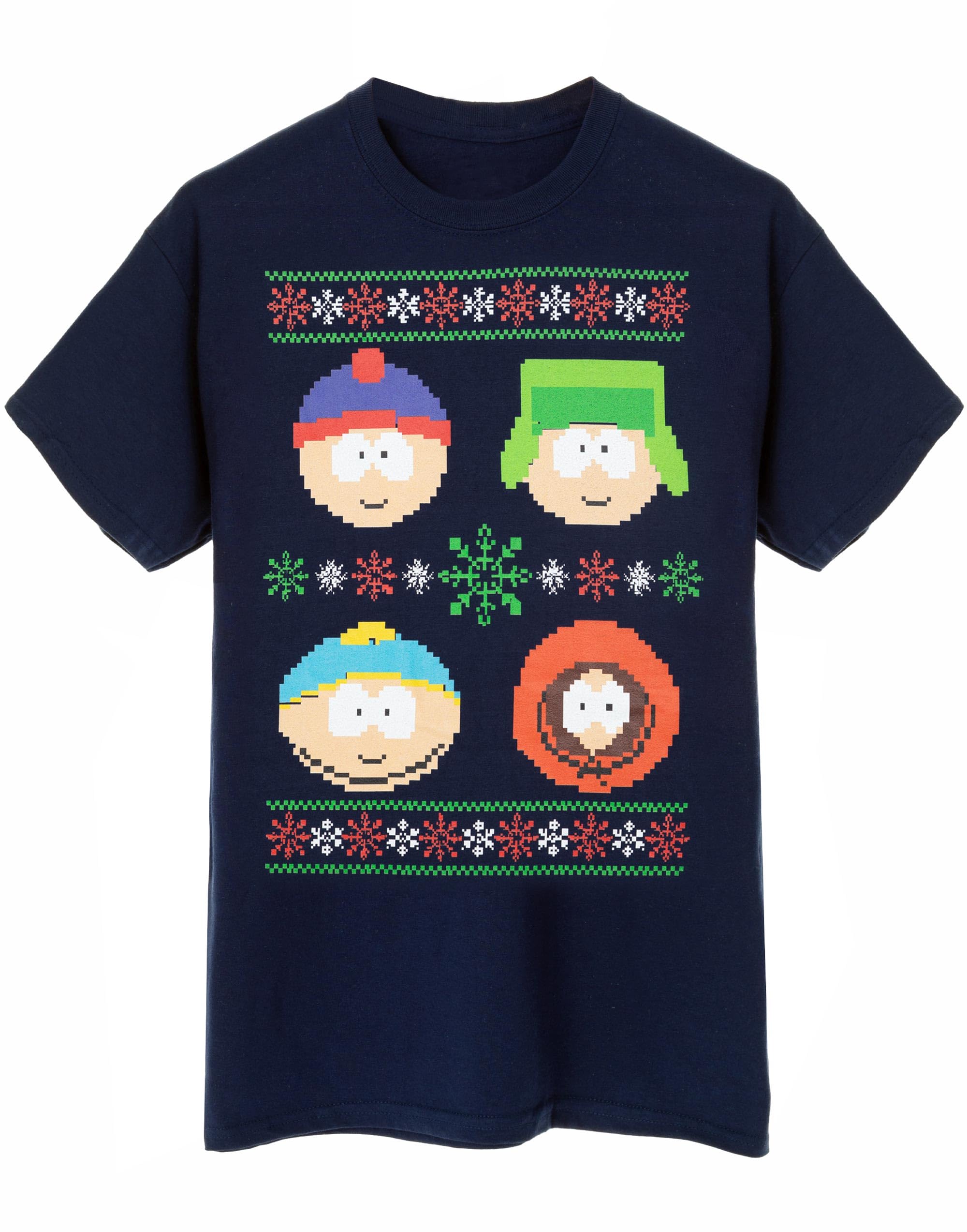 South Park Mens Christmas T-Shirt | Adults Festive Fairisle Graphic Tee in Navy Blue | Seasonal Classic Cartoon Short Sleeve Crewneck Top | Funny Holiday Apparel Gift for Him
