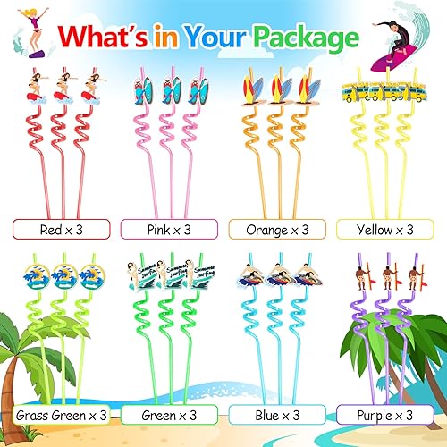 Miniatura 5 de 24 suministros para fiesta de cumpleaños en la playa, pajitas de surf con 2 popotes de limpieza para niños, piscina de verano, fiesta de cumpleaños,