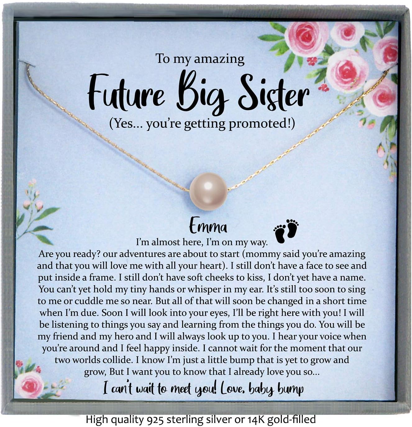 Be Wished Promoted to Big Sister Gift, Single Pearl Necklace with Meaningful Message, Rose or Yellow Goldfilled or Sterling Silver