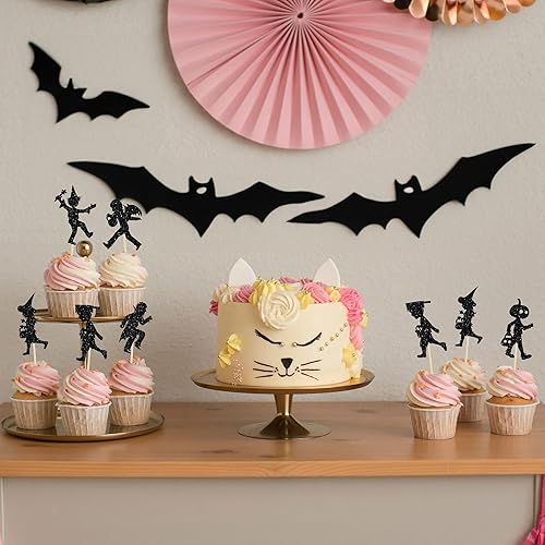 Miniatura 4 de 24 adornos para cupcakes de Halloween, con purpurina negra, para Halloween, para Halloween, baby shower, niños, niñas, fiesta de cumpleaños,