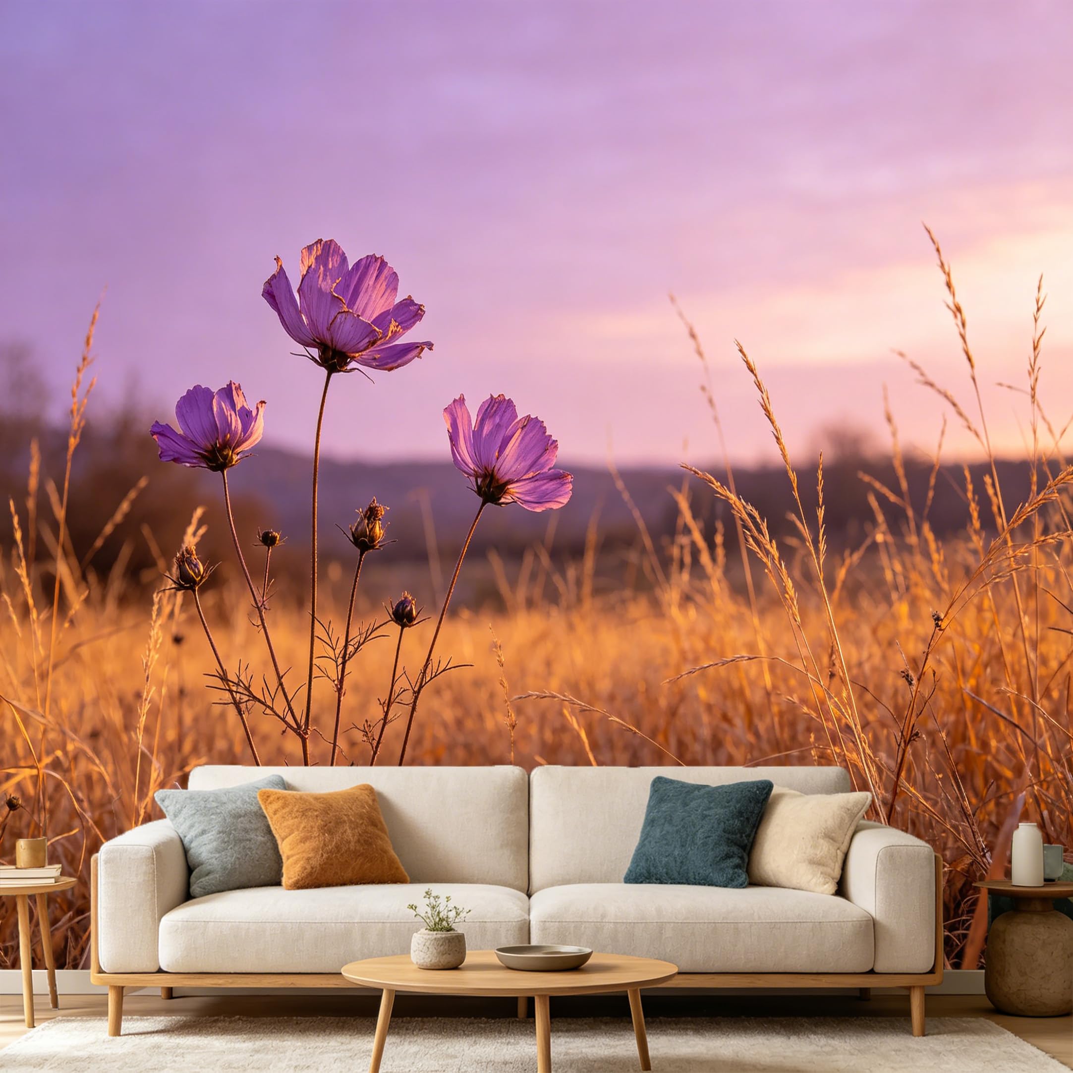 Custom Size Wall Mural Botanical Purple Flower Field Sunset Landscape Meadow Nature SelfAdhesive Art Prints wall Fabric（No PVC） Removable Wallpaper Home Bedroom Decor