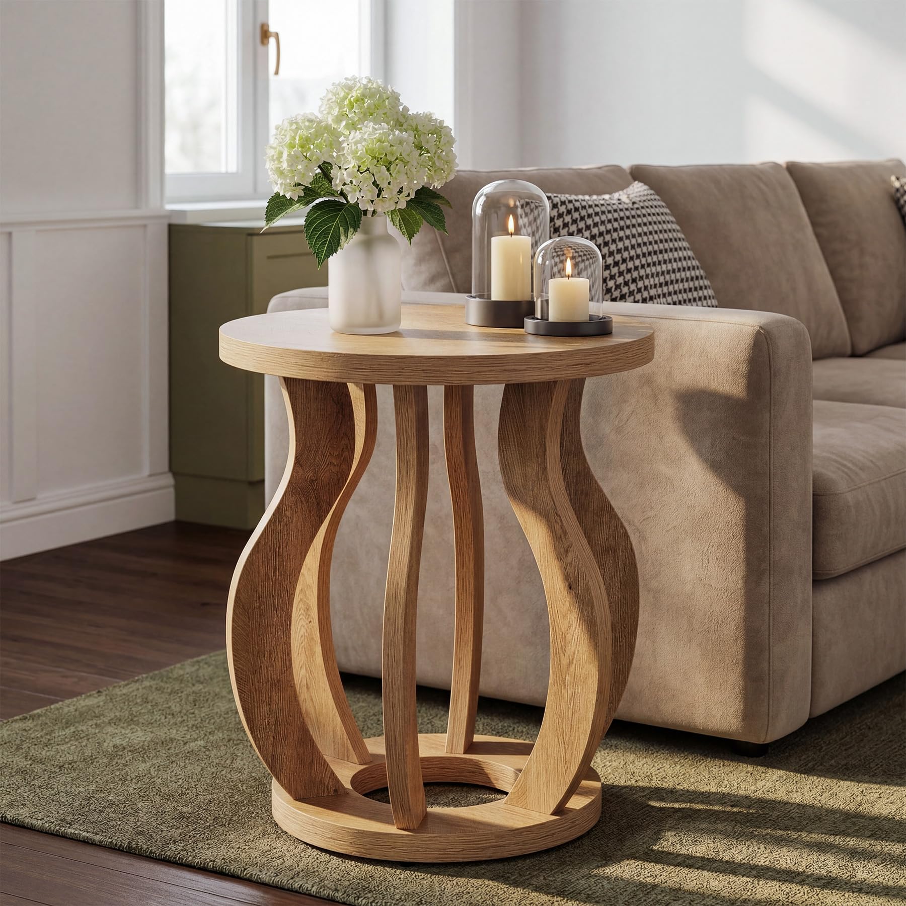 Tribesigns Round End Side Table: Farmhouse Wooden Side Table for Living Room, Bedside Nightstand with Curved Frame, Accent Nightstand for Bedroom, Small Spaces, Brown(1PC)