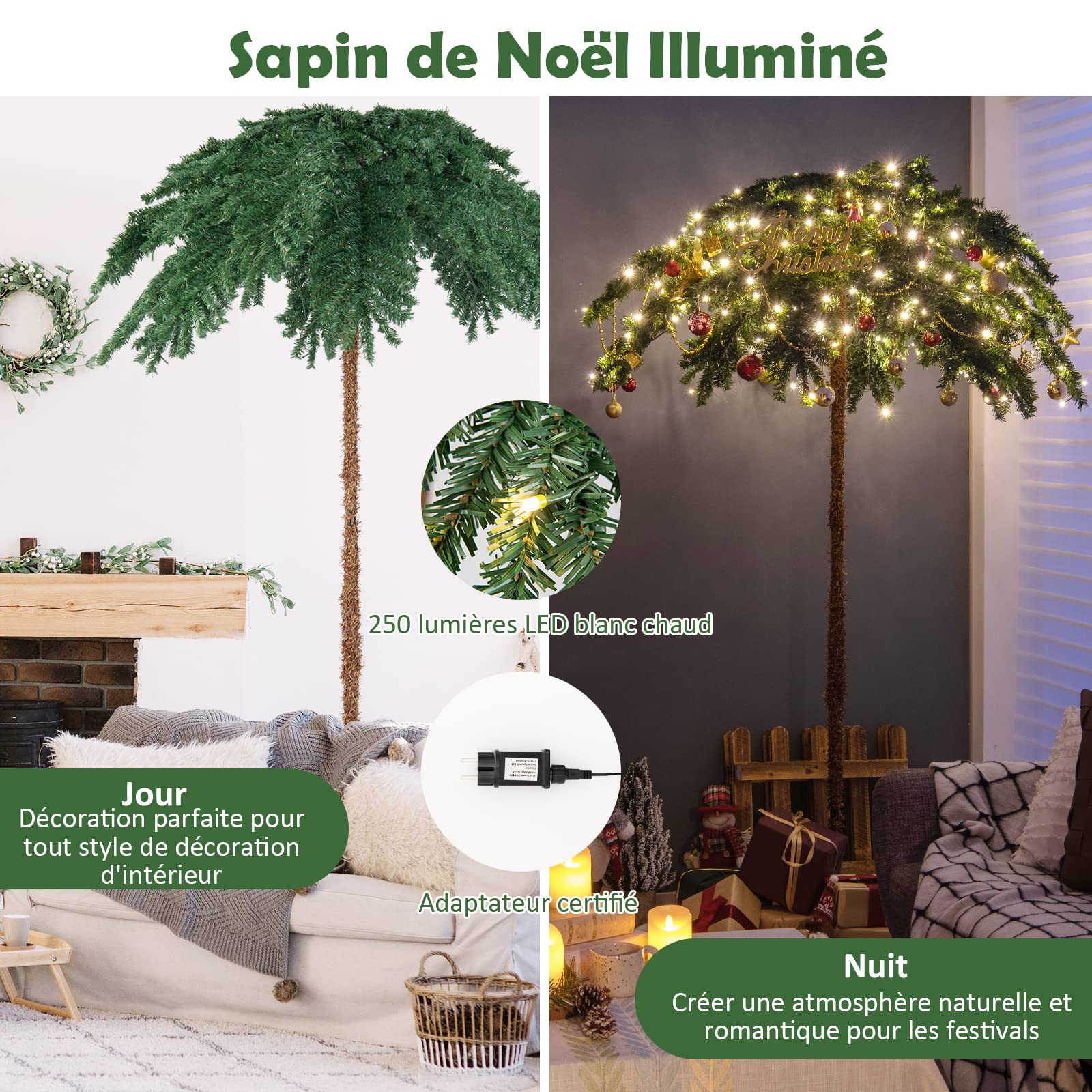 COSTWAY Sapin de Noël Artificiel de 180 cm, Palmier de Noël Pré-Illuminé avec 250 Lumières LED Blanc Chaud, 813 Branches, Structure à Charnière, Support, pour Porche, Maison