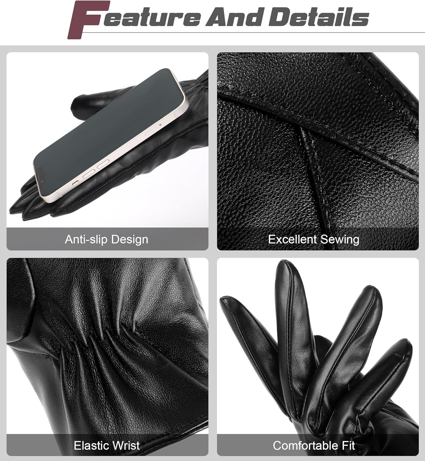Aegend Winter Gloves Women Leather Gloves, Full Hand Touchscreen Winter Gloves for Phone&Tablet,Anti-Slip for Driving&Outdoor - Image 4