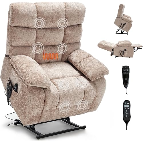 Oversized Power Lift Recliner Chair for Elderly, Dual Motor Lay Flat Recliner Big Chair with Massage and Heating, Chenille Electric Recliner Chairs for Living Room, Medium-Firm, Beige