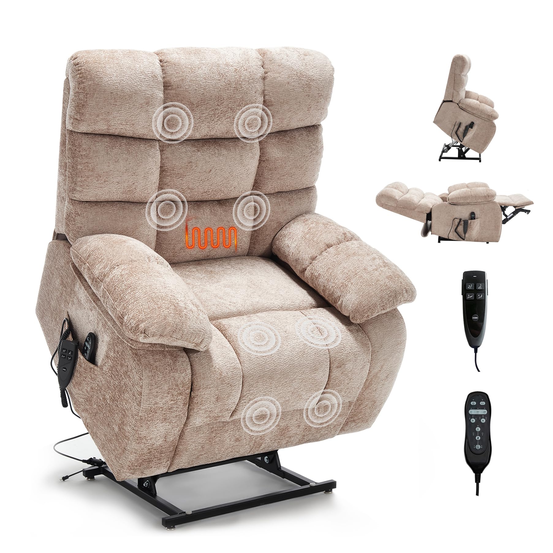 RHHVVR Oversized Power Lift Recliner Chair for Elderly, Dual Motor Lay Flat Recliner Big Chair with Massage and Heating, Chenille Electric Recliner