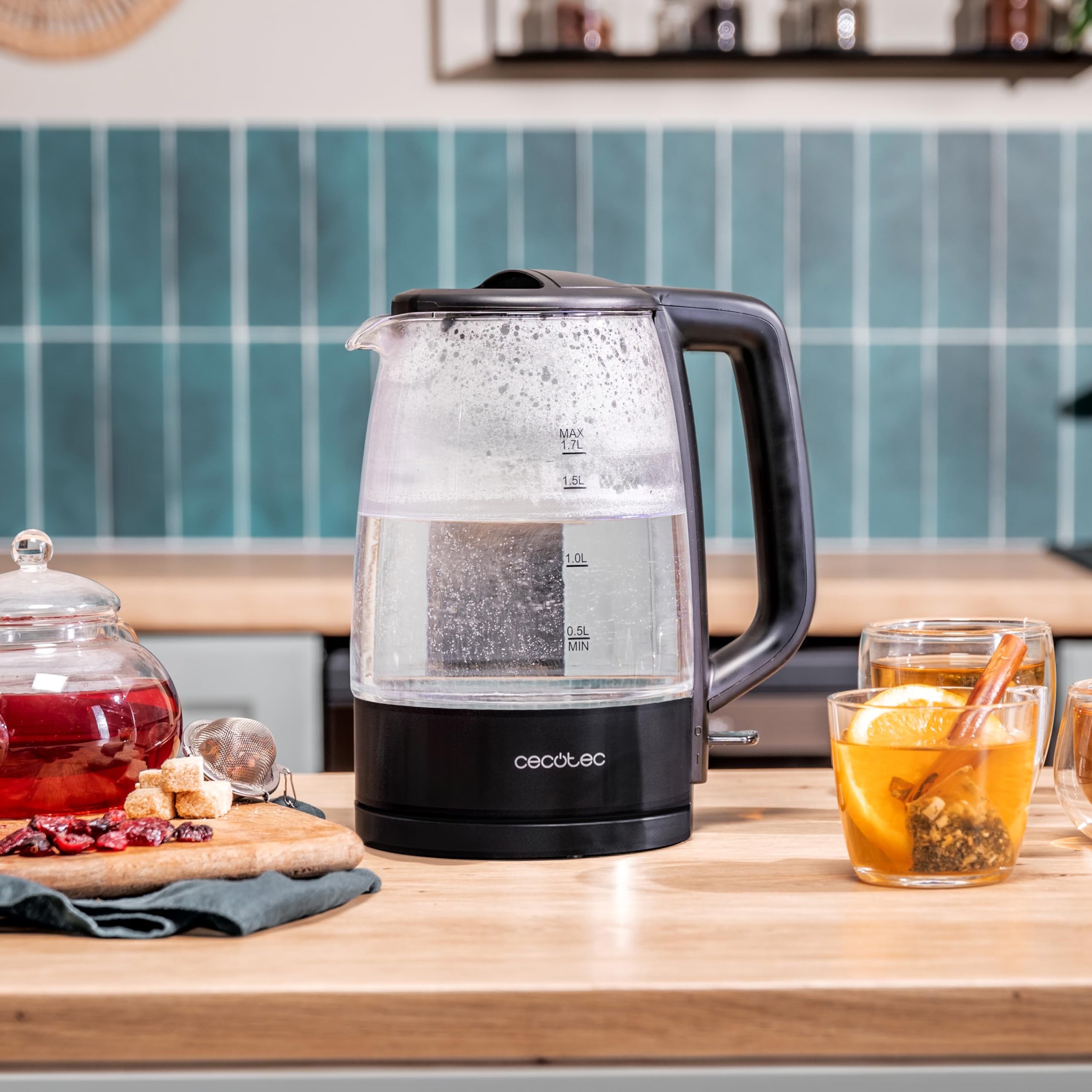 Cecotec Bollitore Elettrico per Acqua da 1,7 L ThermoSense 320 Clear. 2200W, Corpo in Vetro di Borosilicato di Alta Qualità, Indicatore Luminoso, Base con Rotazione a 360º, Sistema di Sicurezza