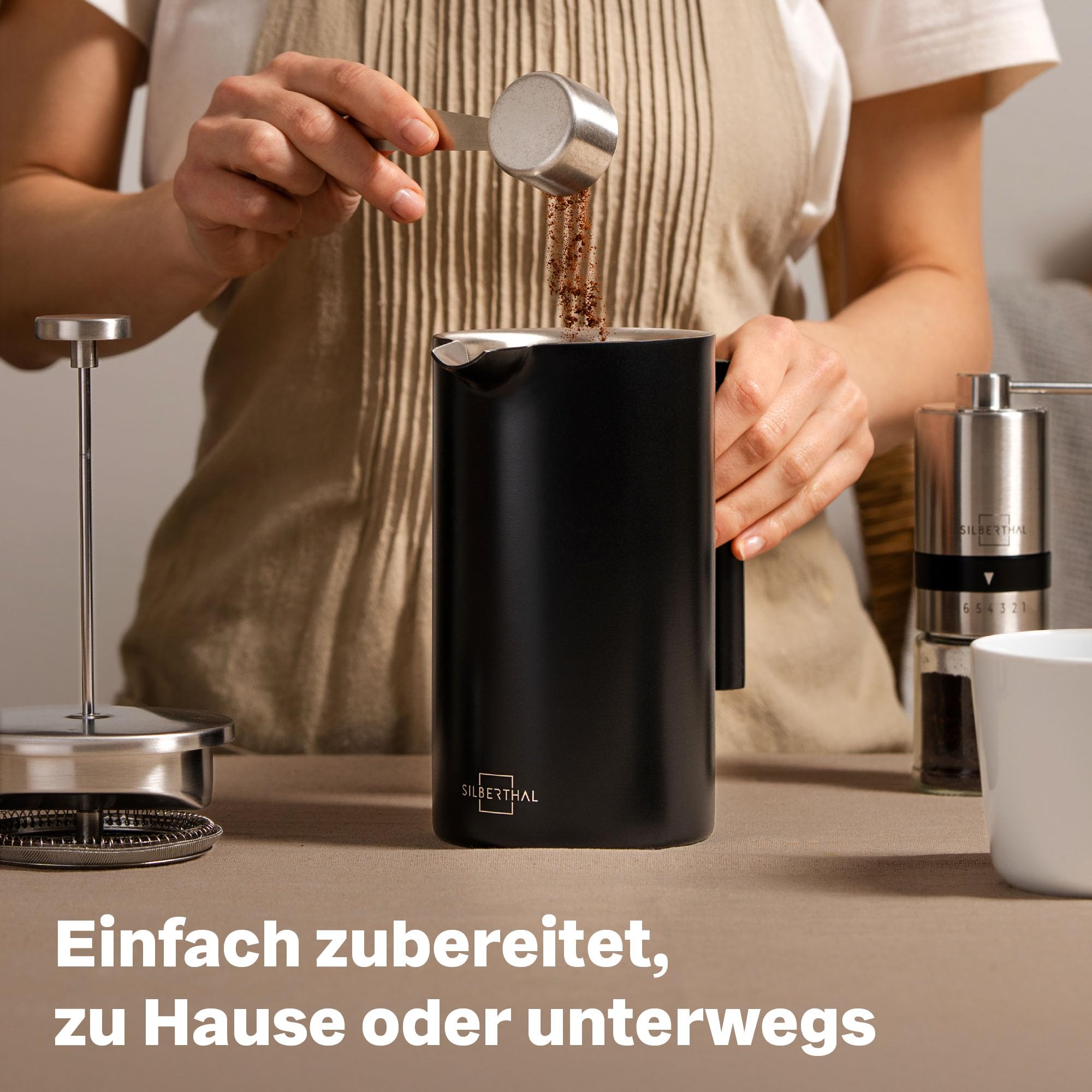SILBERTHAL French Press Thermo 1 Liter - Kaffeebereiter Edelstahl - Doppelwandig isolierte Kaffeepresse für Outdoor - Kaffeekanne zum Verschenken