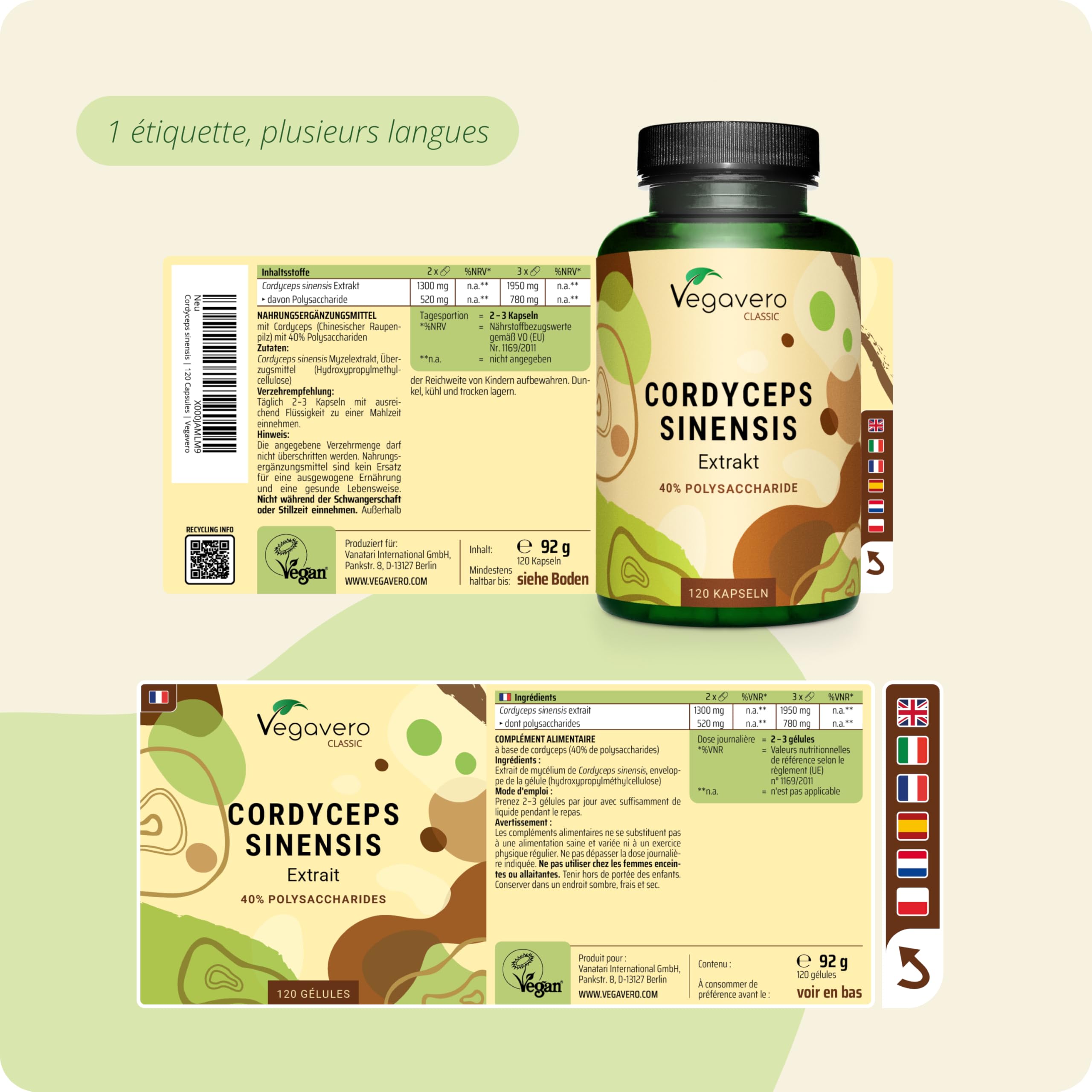Cordyceps sinensis CS-4 | 19.500 mg (Extrait 10:1) | 40% Polysaccharides | SANS ADDITIFS | Adaptogène | 120 Gelules | VEGAN | Vegavero®