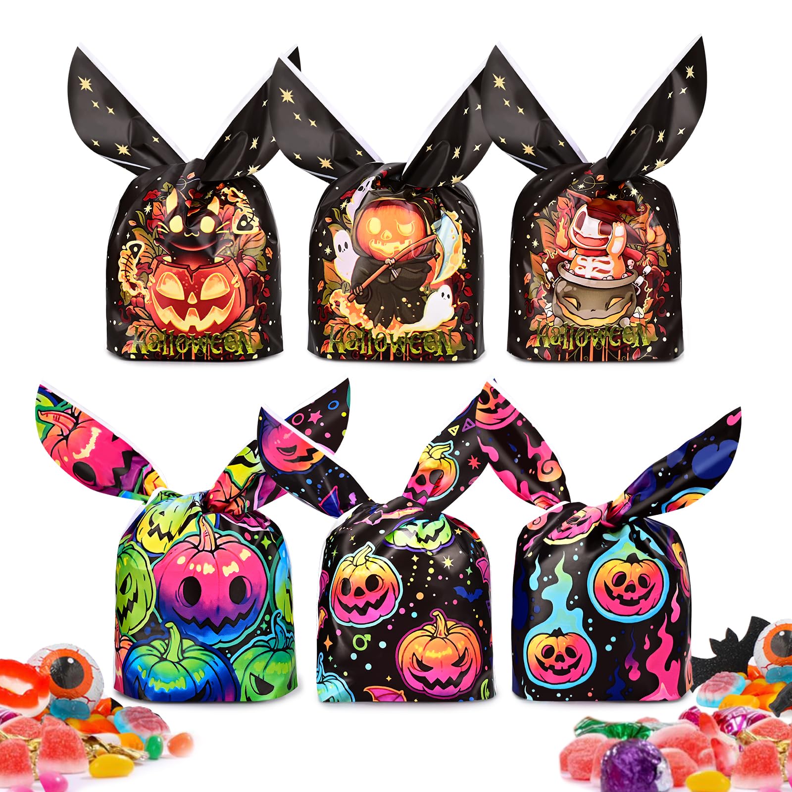 Iioscre Torby na cukierki, dla dzieci, cukierek albo psikus, urocze ucho królika, małe ciasteczka na Halloween, plastikowe, na prezent, artykuły dekoracyjne na Halloween, 100 szt