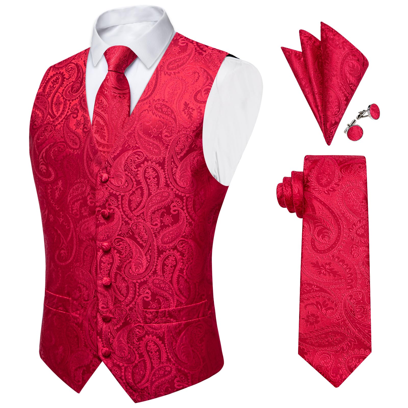 DiBanGu Mens Paisley Vest Silk Sleeveless Suit Vest and Neck Tie Pocket Square Cufflinks Set for Wedding Formal