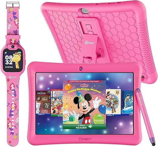Contixo K102 10" Android Tablet and KW1 Kids Smartwatch - 32GB, Includes 80+ Disney Storybooks, Educational Watch with Games, Camera, Music Player, Alarm, Customizable Wallpaper, Pink