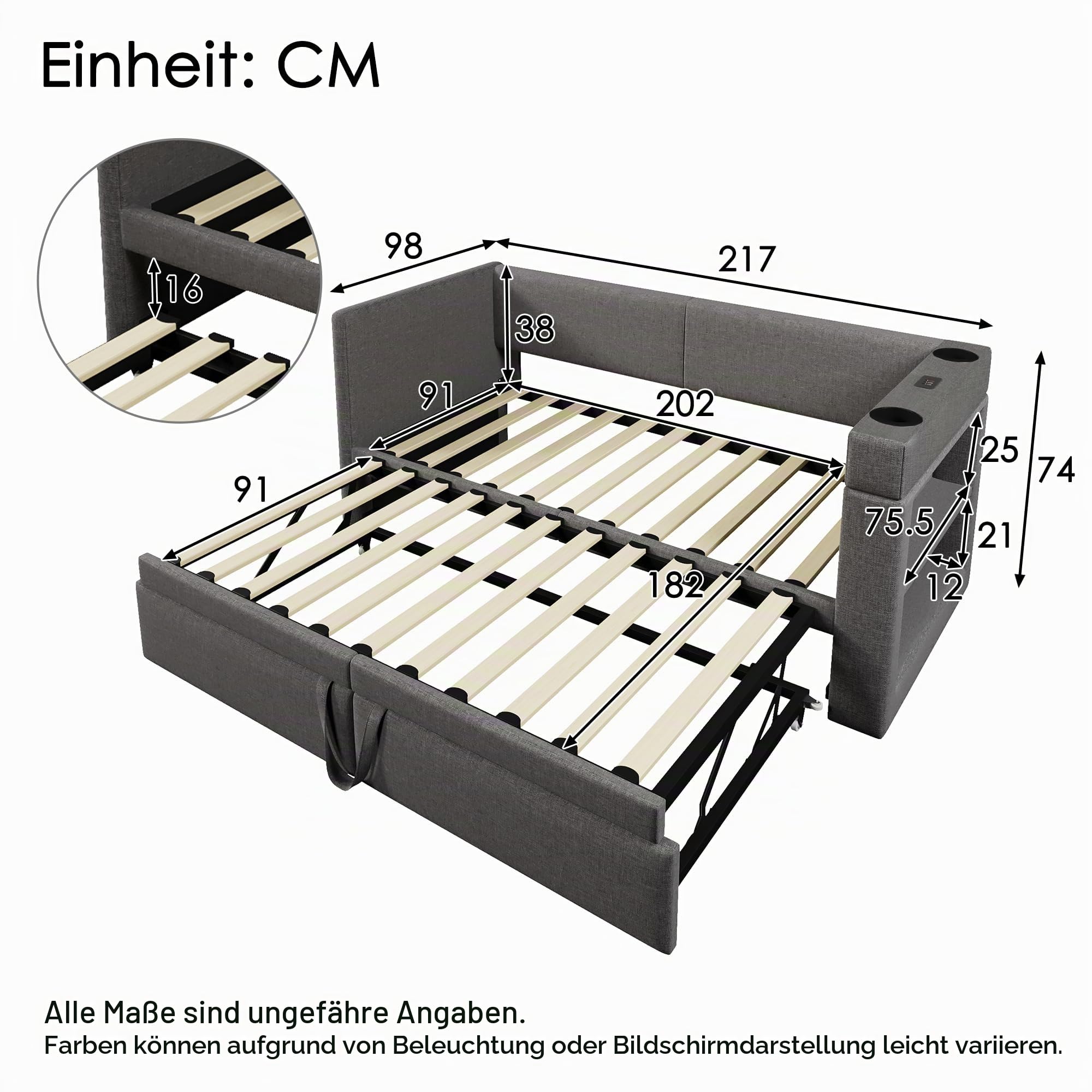Multifunktions Daybett Jugendbett 90x200 cm Ausziehbett mit USB-Type-C & USB Ladeanschlüssen und Getränkehalter, Kinderbett, Polsterbett, Klappbett Gästebett, Grau (Ohne Matratze)