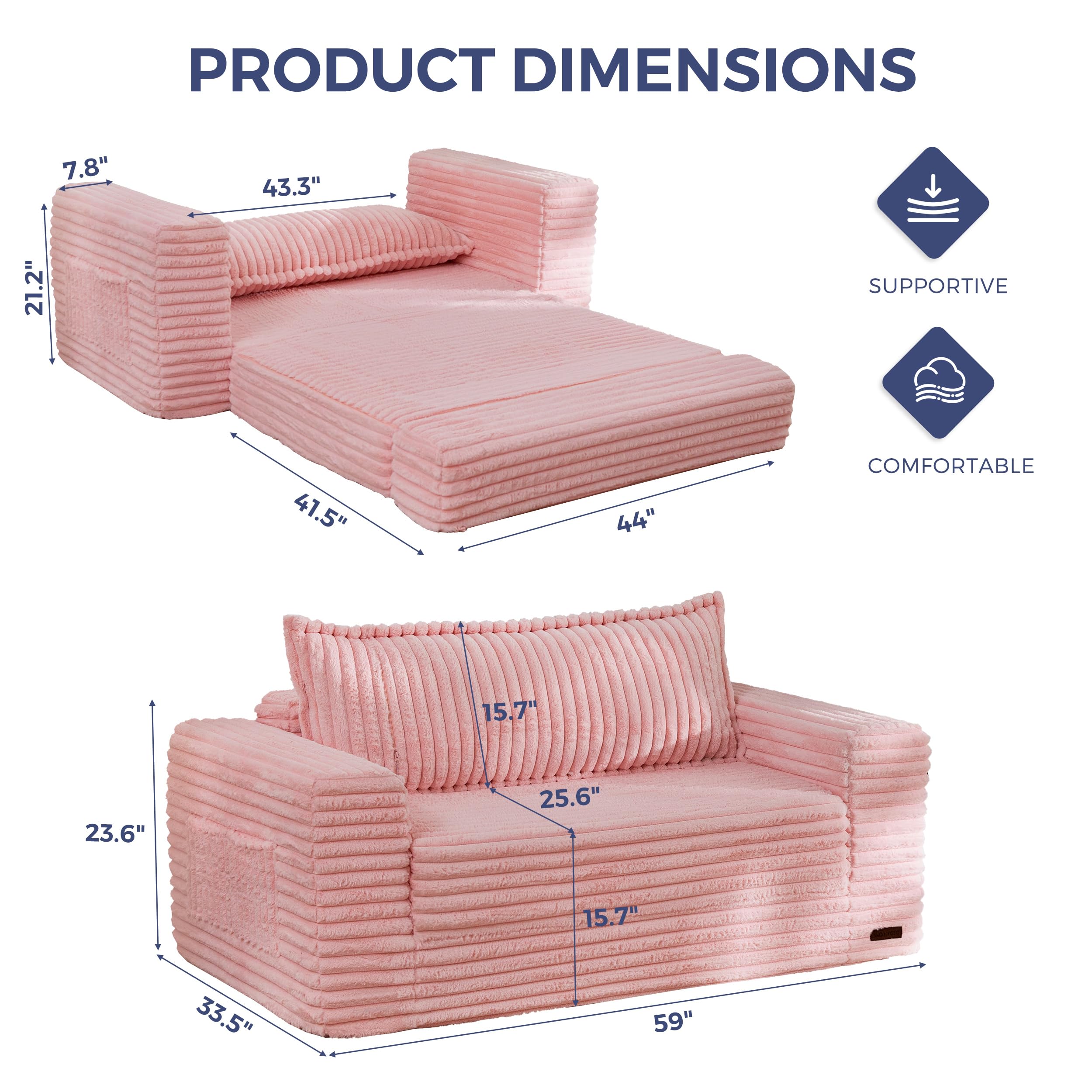 MAXYOYO Convertible Sofa Bed, Pull-Out Loveseat Couch Bed for Small Space | 2 in 1 Folding Couch Bed with Large Back Pillow, Plush Faux Fabric Lounge Couch for Living Room, Apartment, Pink